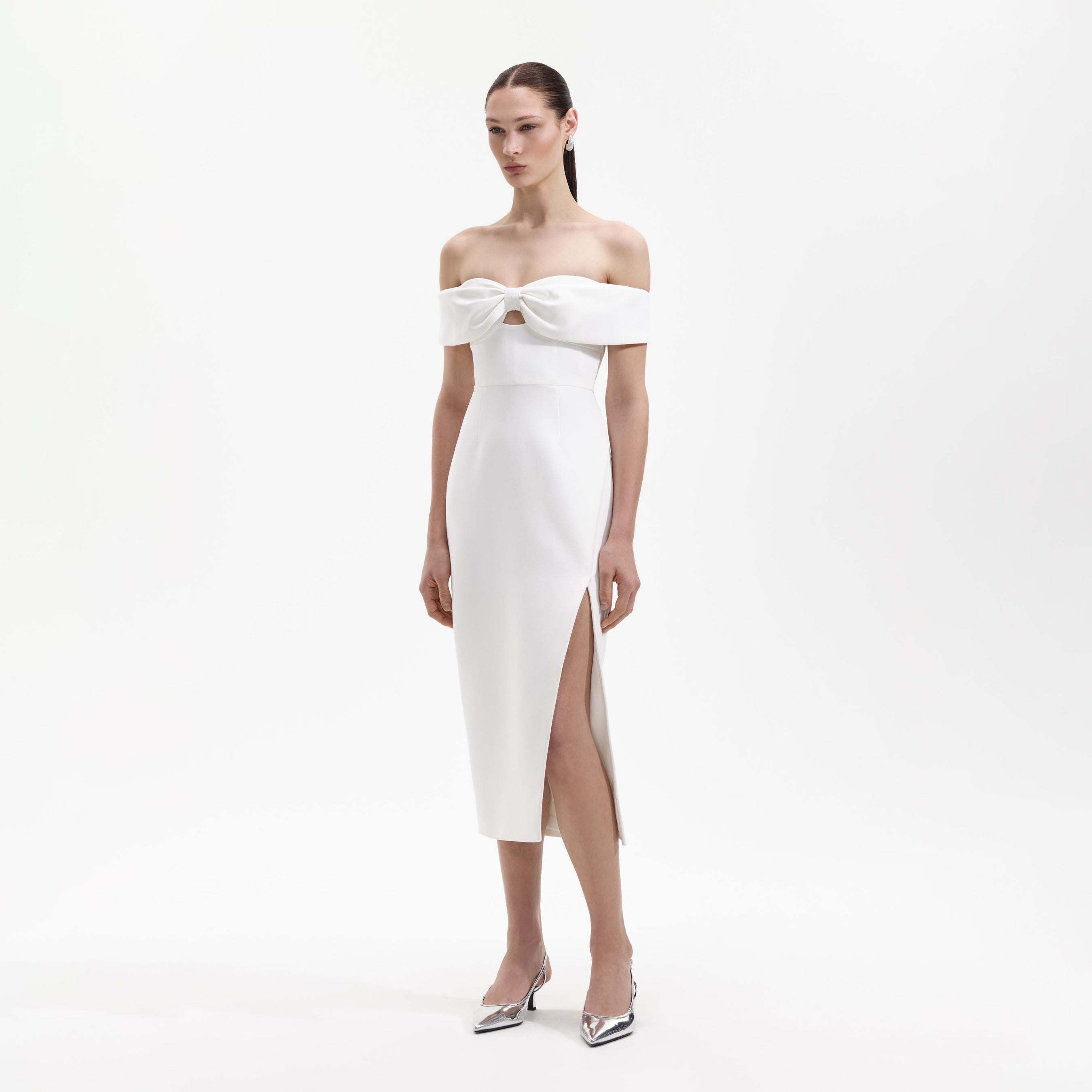 White Crepe Bow Midi Dress