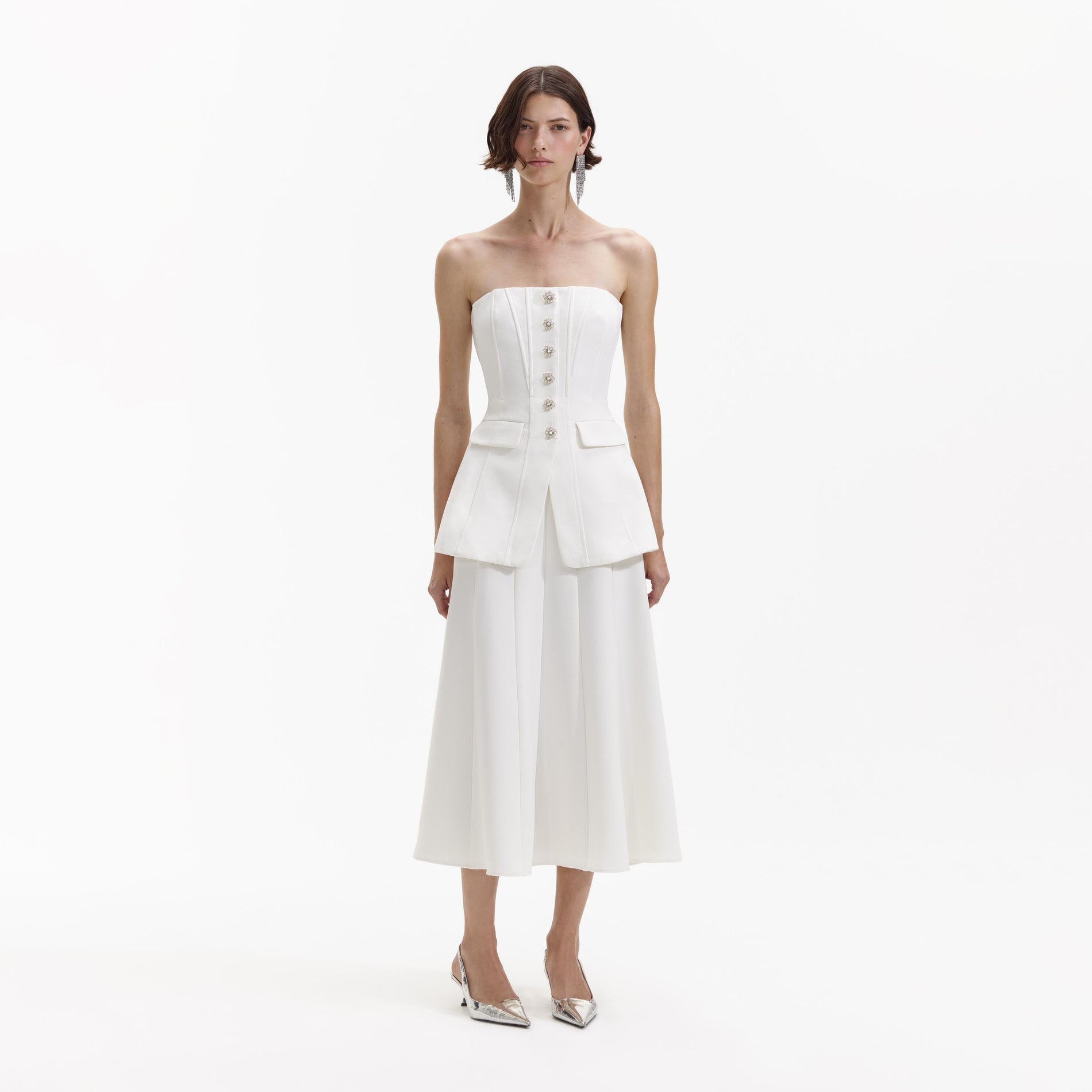 Front view of a woman wearing the White Bandeau Crepe Midi Dress