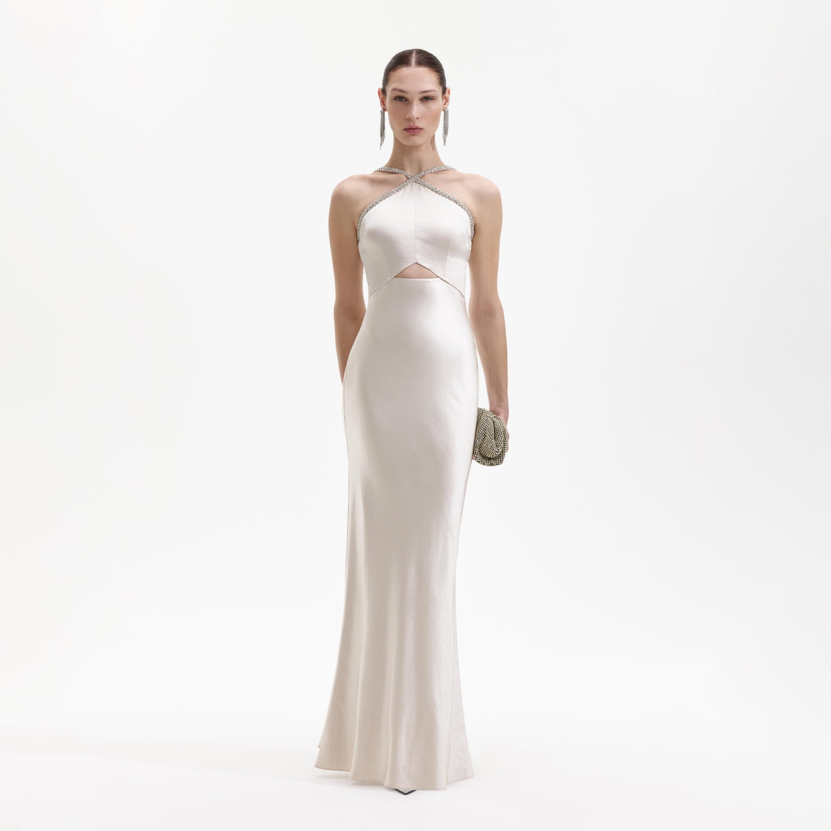 Champagne Satin Diamante Maxi Dress