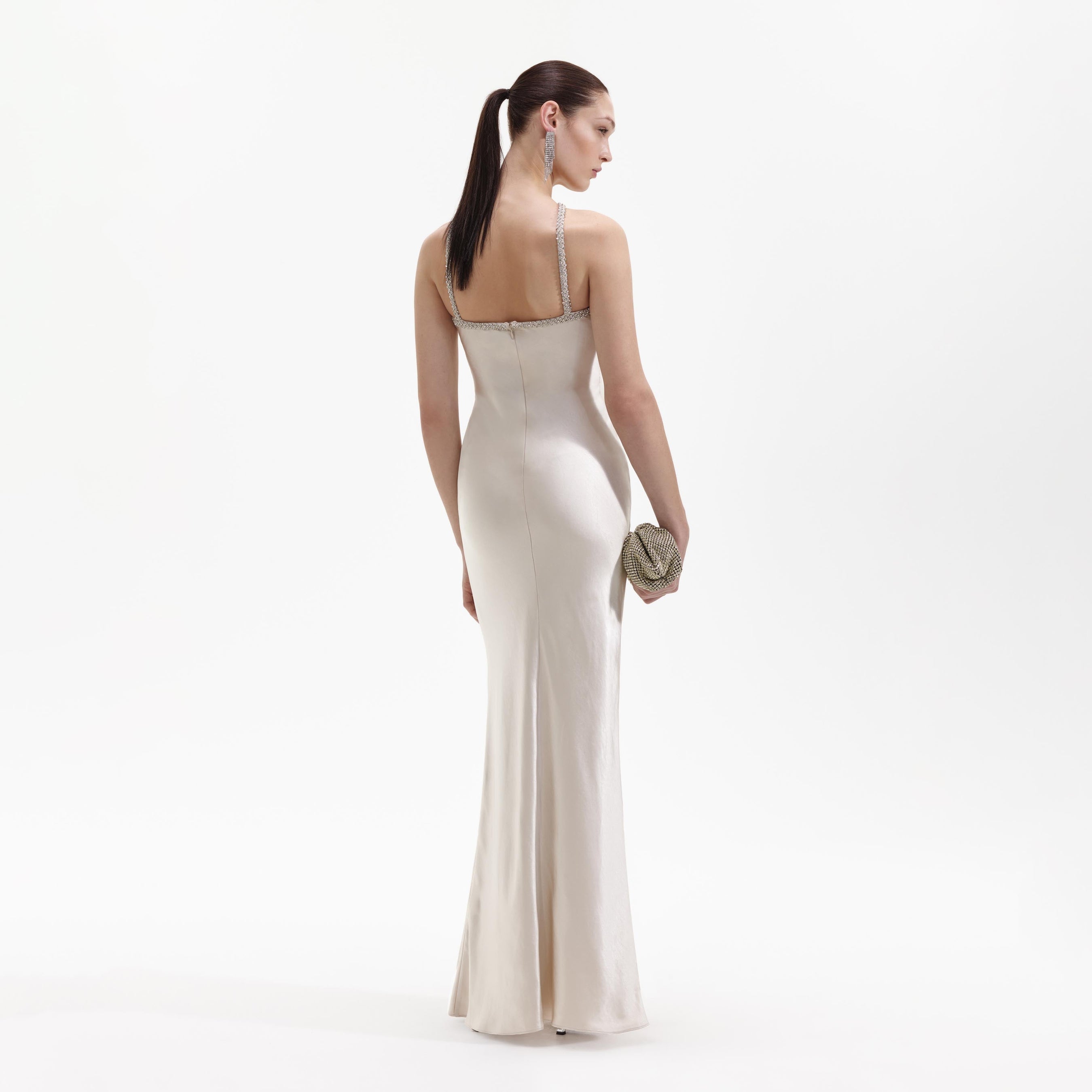 Champagne Satin Diamante Maxi Dress