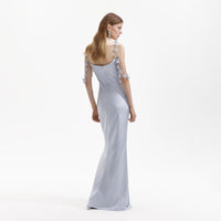 Blue Satin Flower Maxi Dress