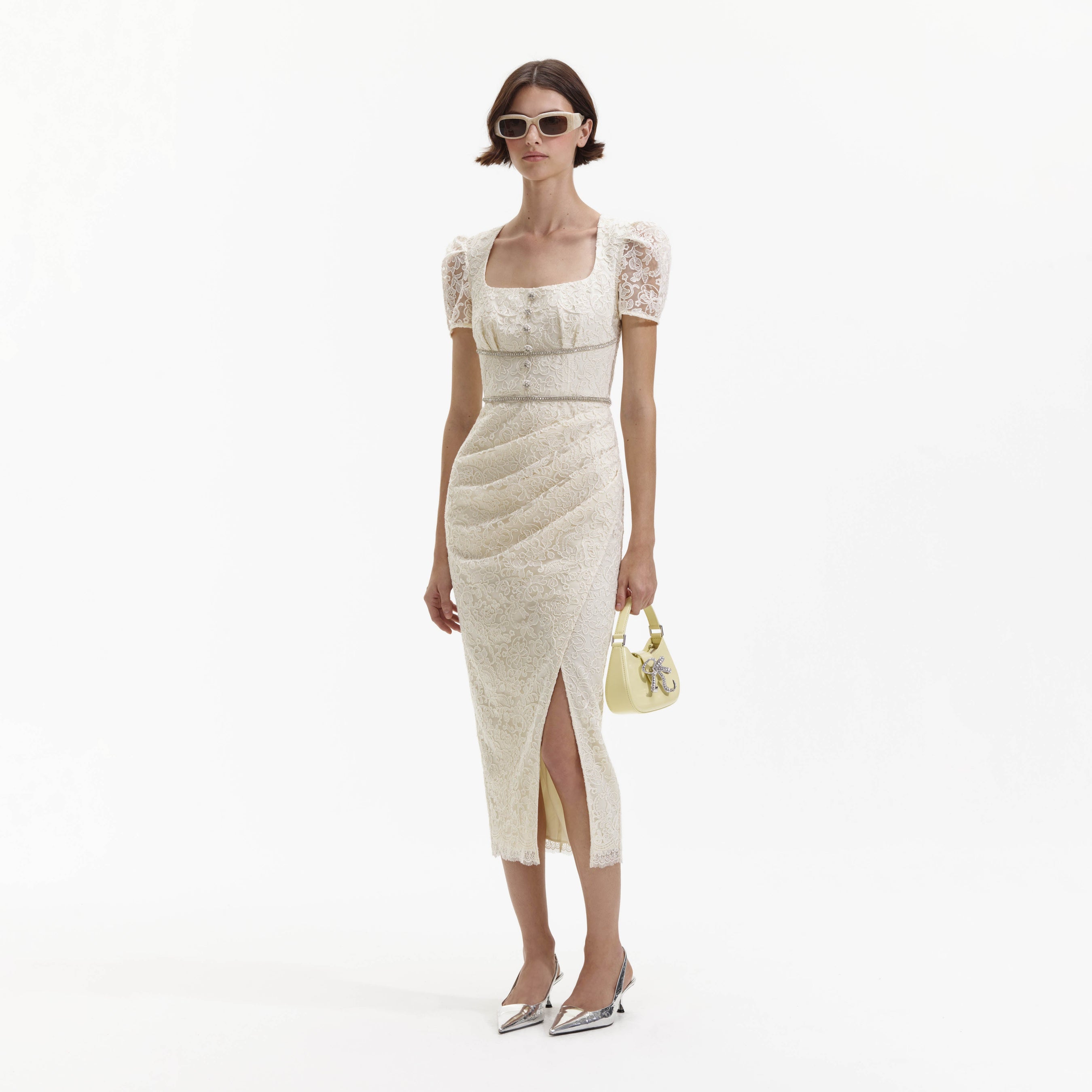 Cream Lace Diamante Midi Dress