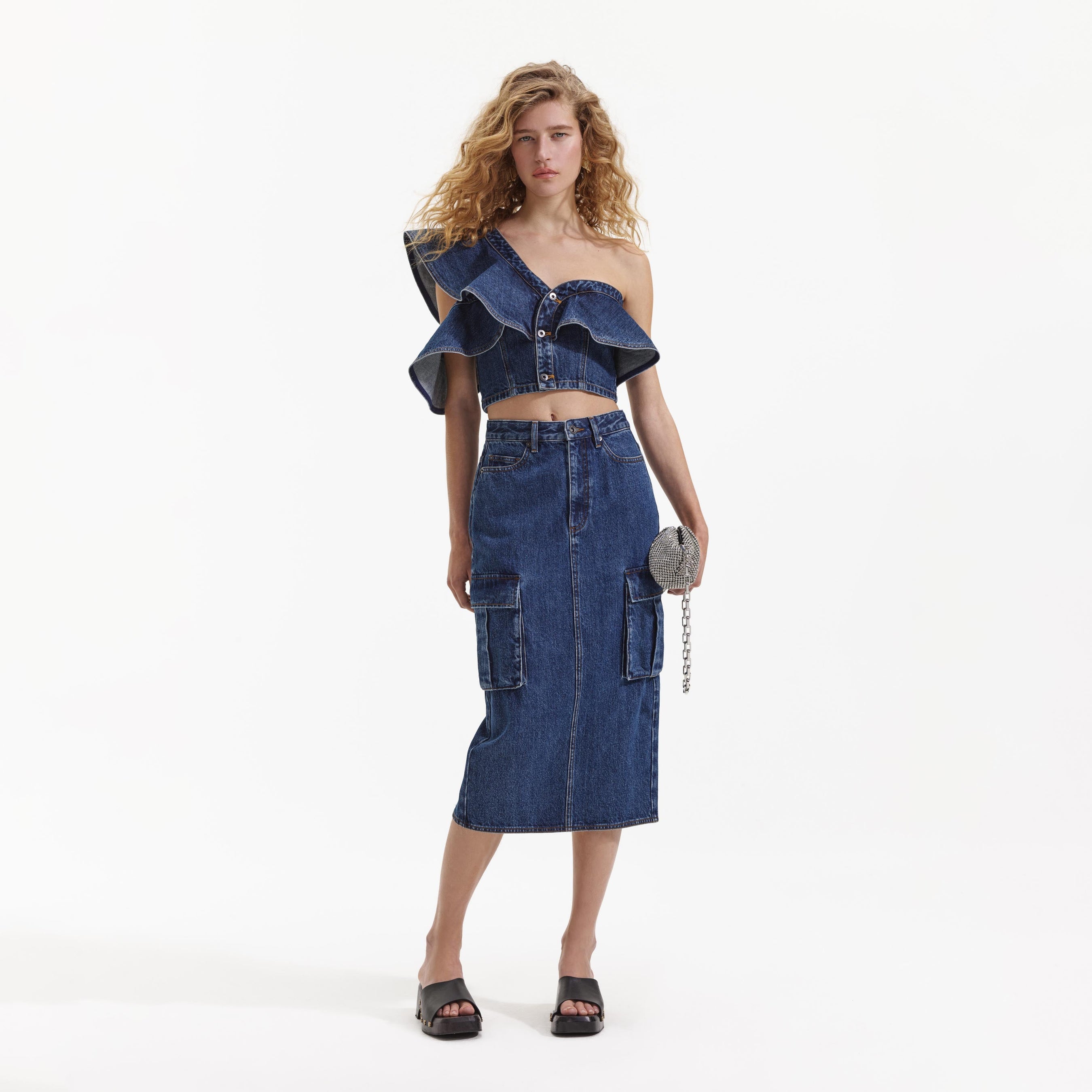 Denim Frill One Shoulder Top