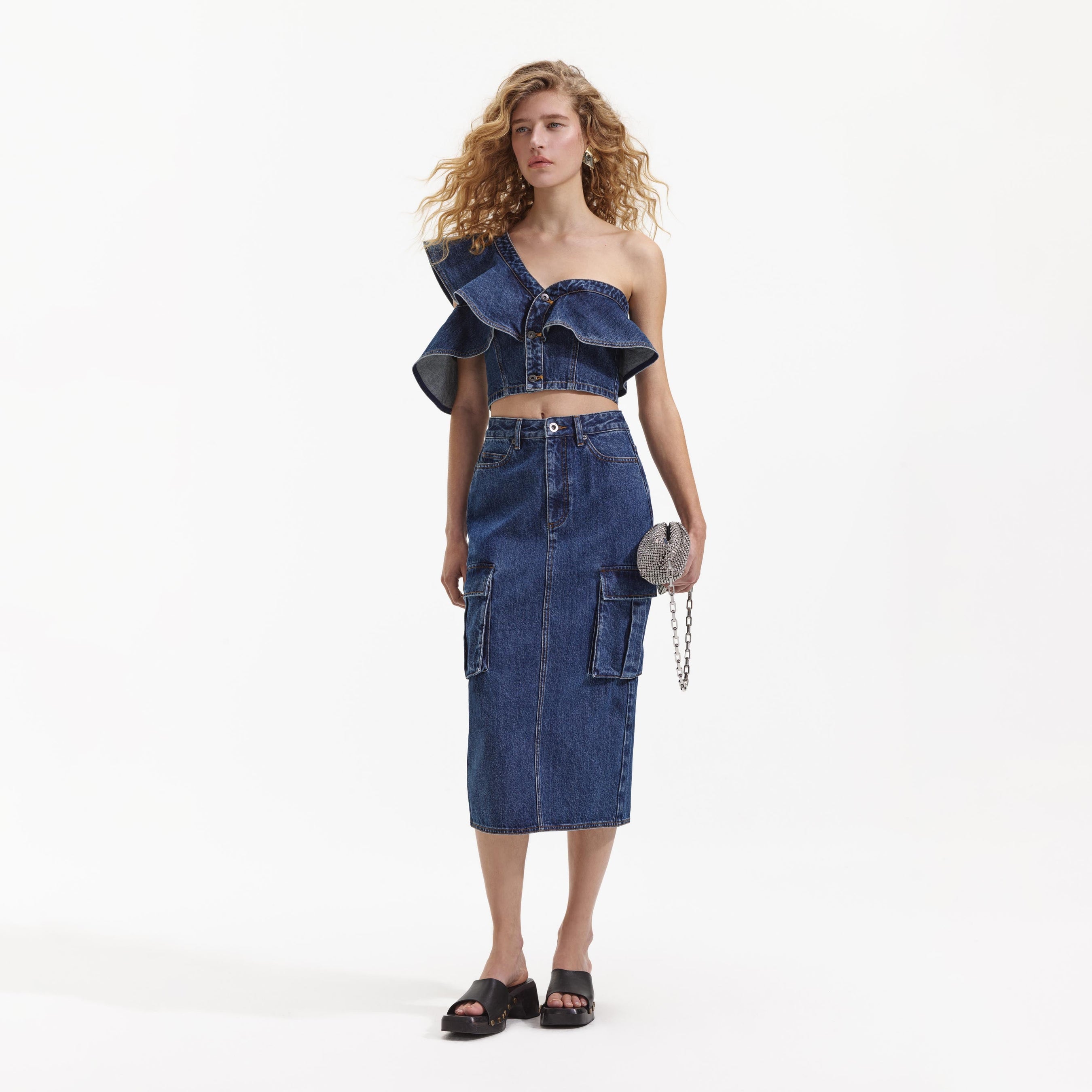 Denim Frill One Shoulder Top