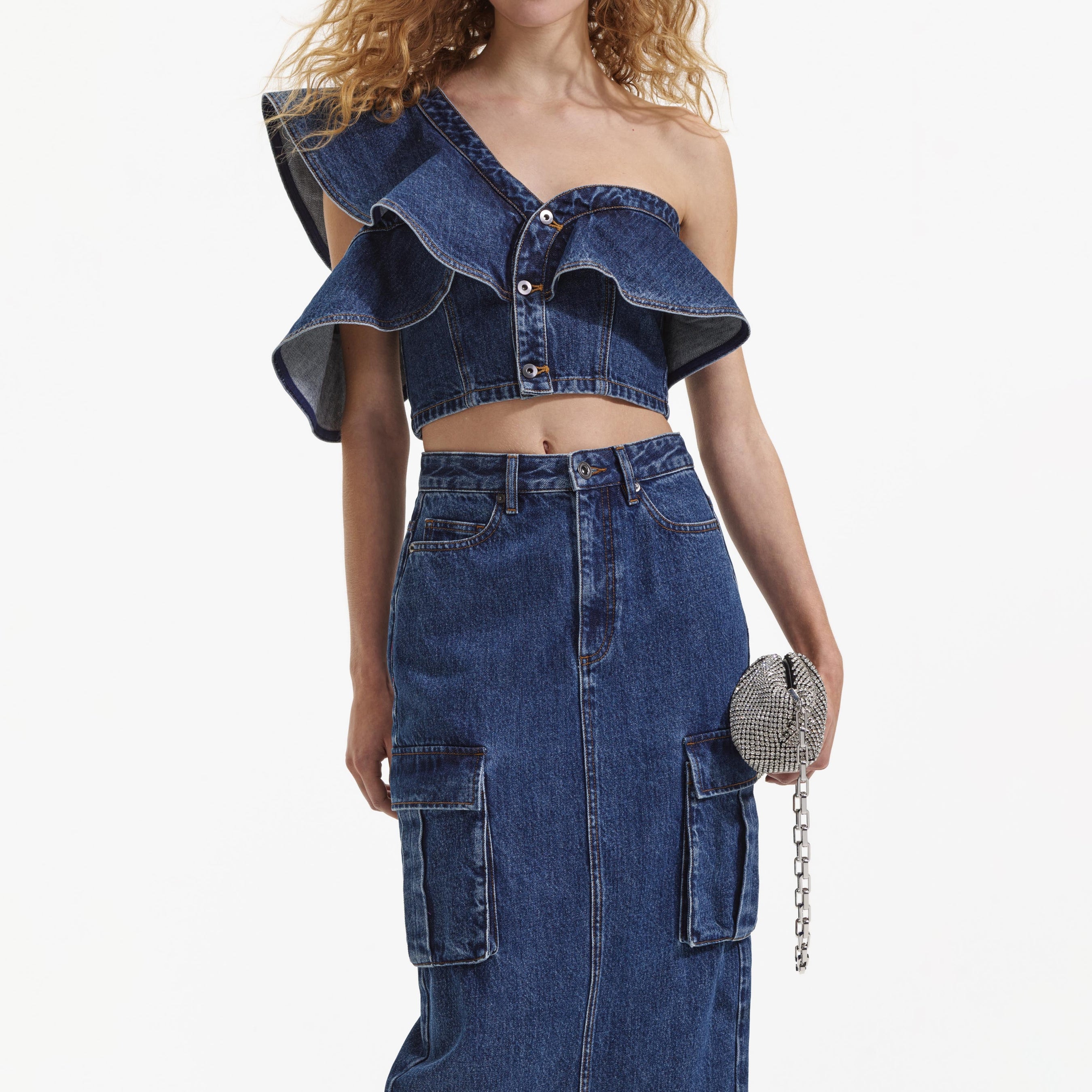 Denim Frill One Shoulder Top