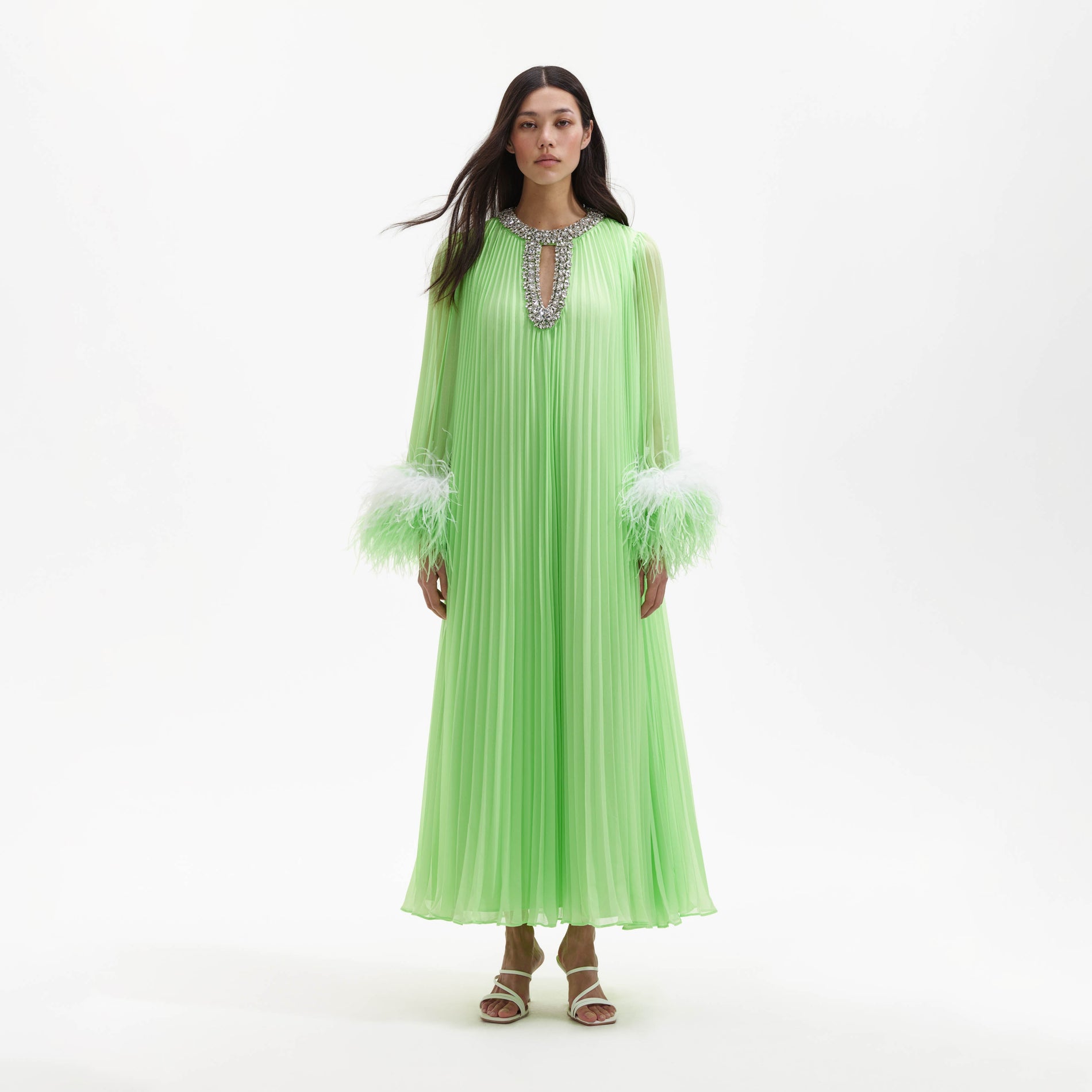 Green Chiffon Feather Midi Dress