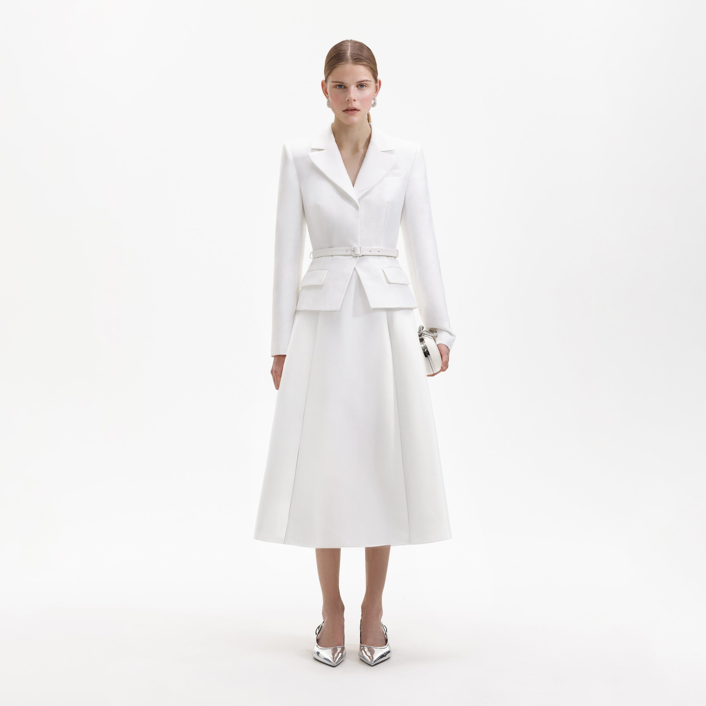 White Tailored Taffeta Midi Dress