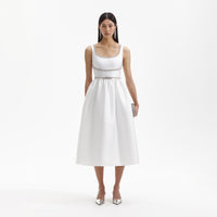 White Taffeta Diamante Bow Midi Dress