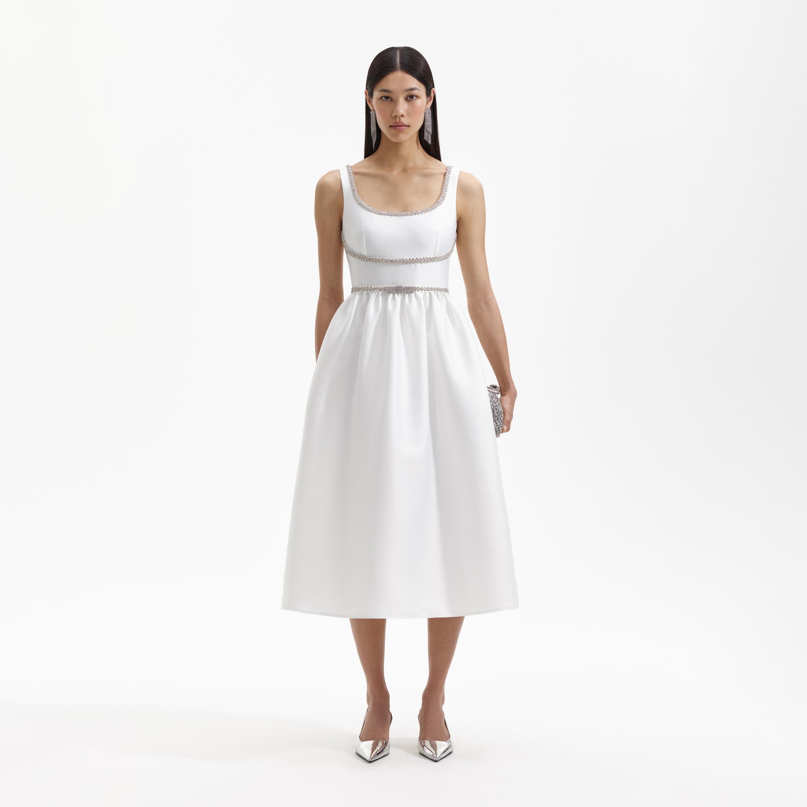 White Taffeta Diamante Bow Midi Dress