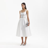 White Taffeta Diamante Bow Midi Dress