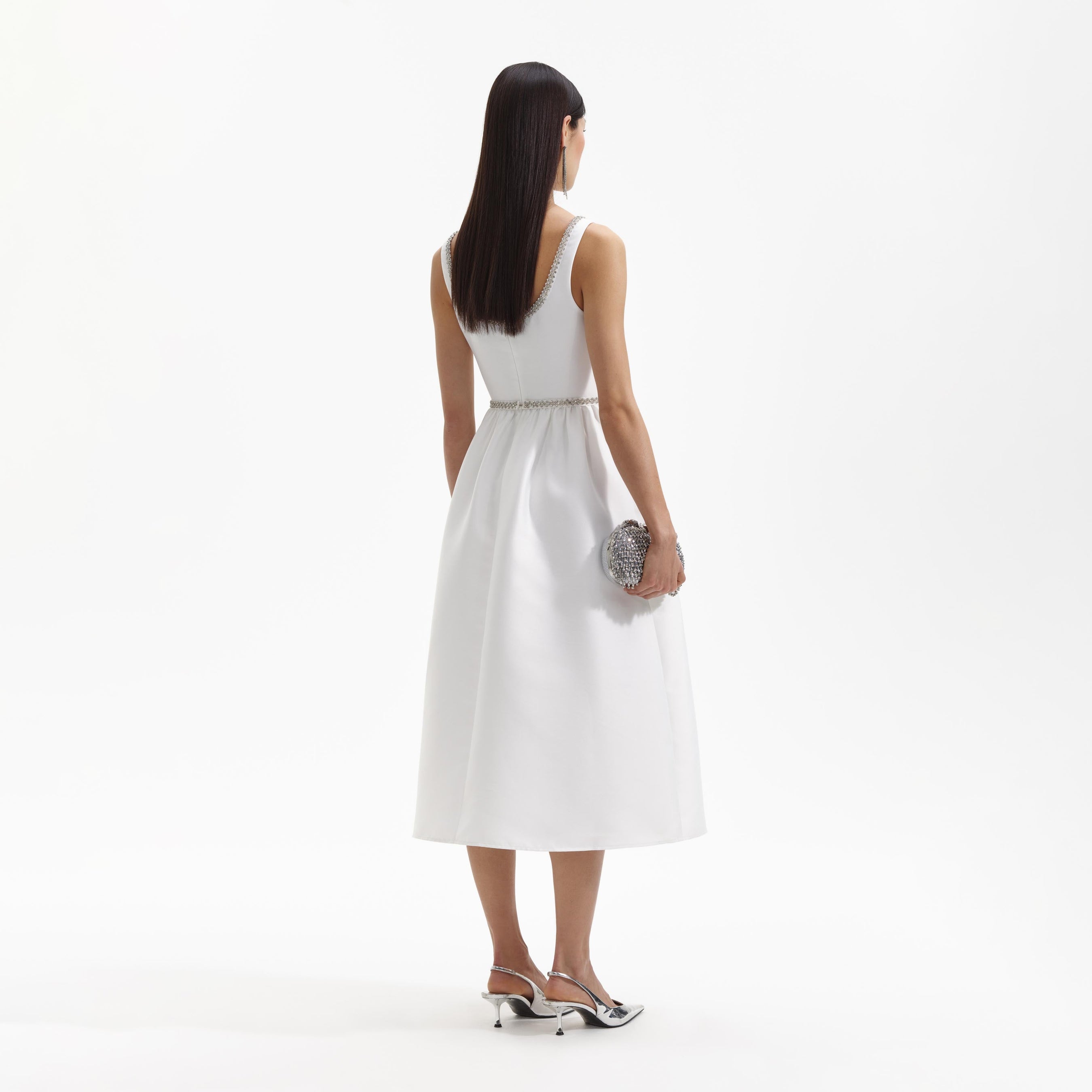 White Taffeta Diamante Bow Midi Dress