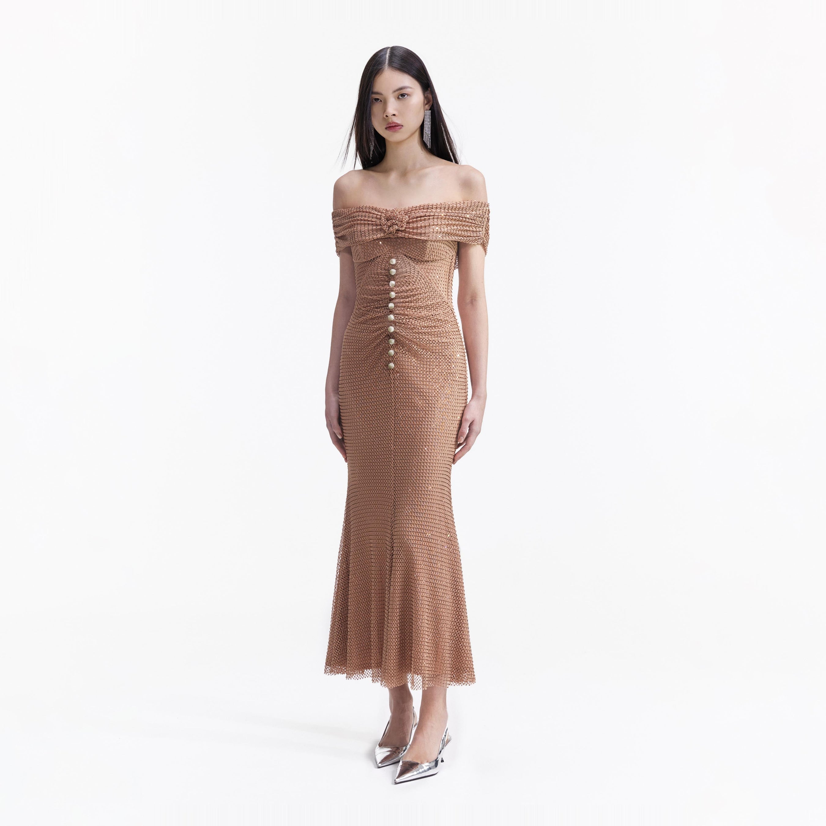 Tan Rhinestone Midi Dress