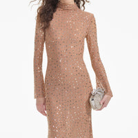 Gold Square Rhinestone Mesh Midi Dress