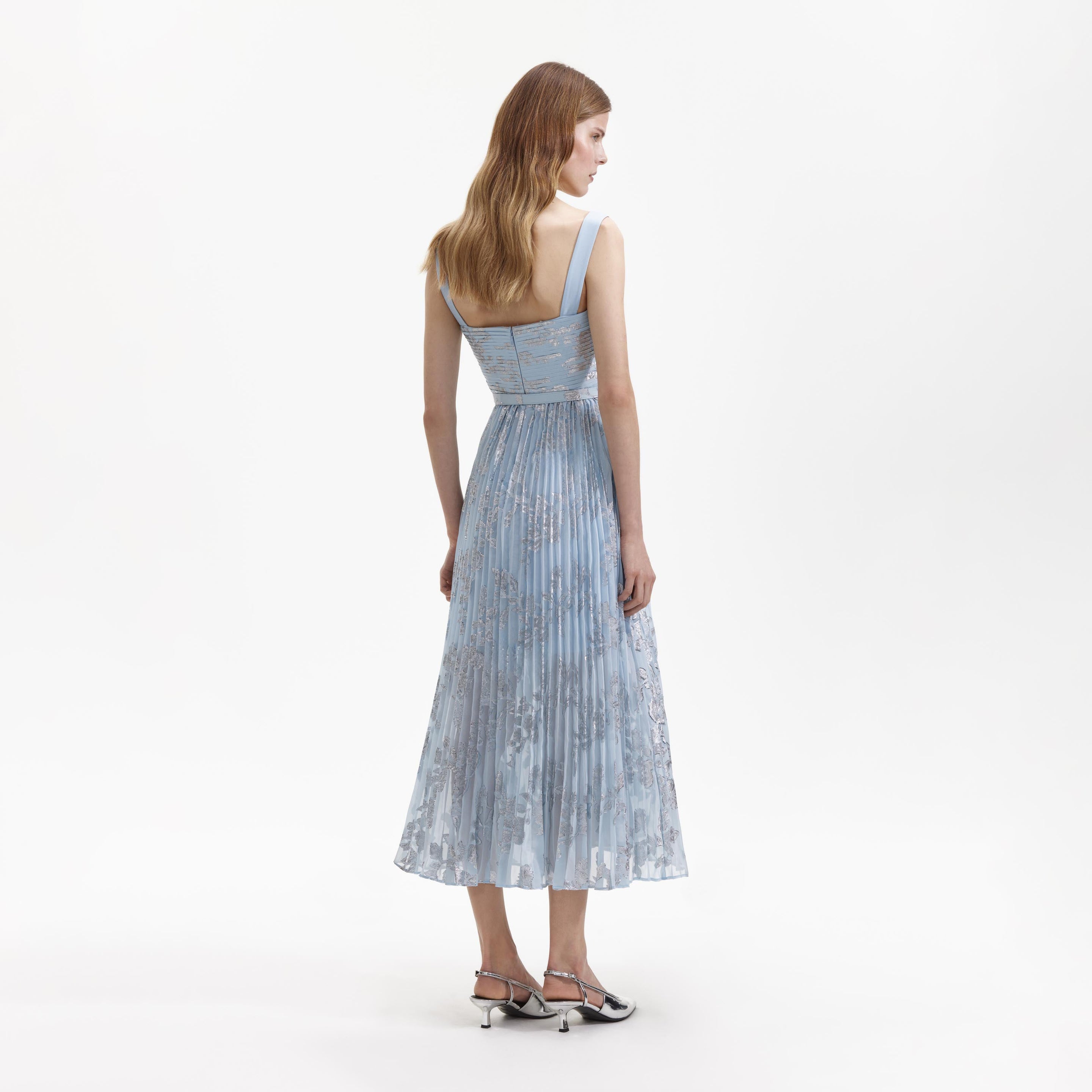 Blue Pleated Midi Dress – self-portrait-EU