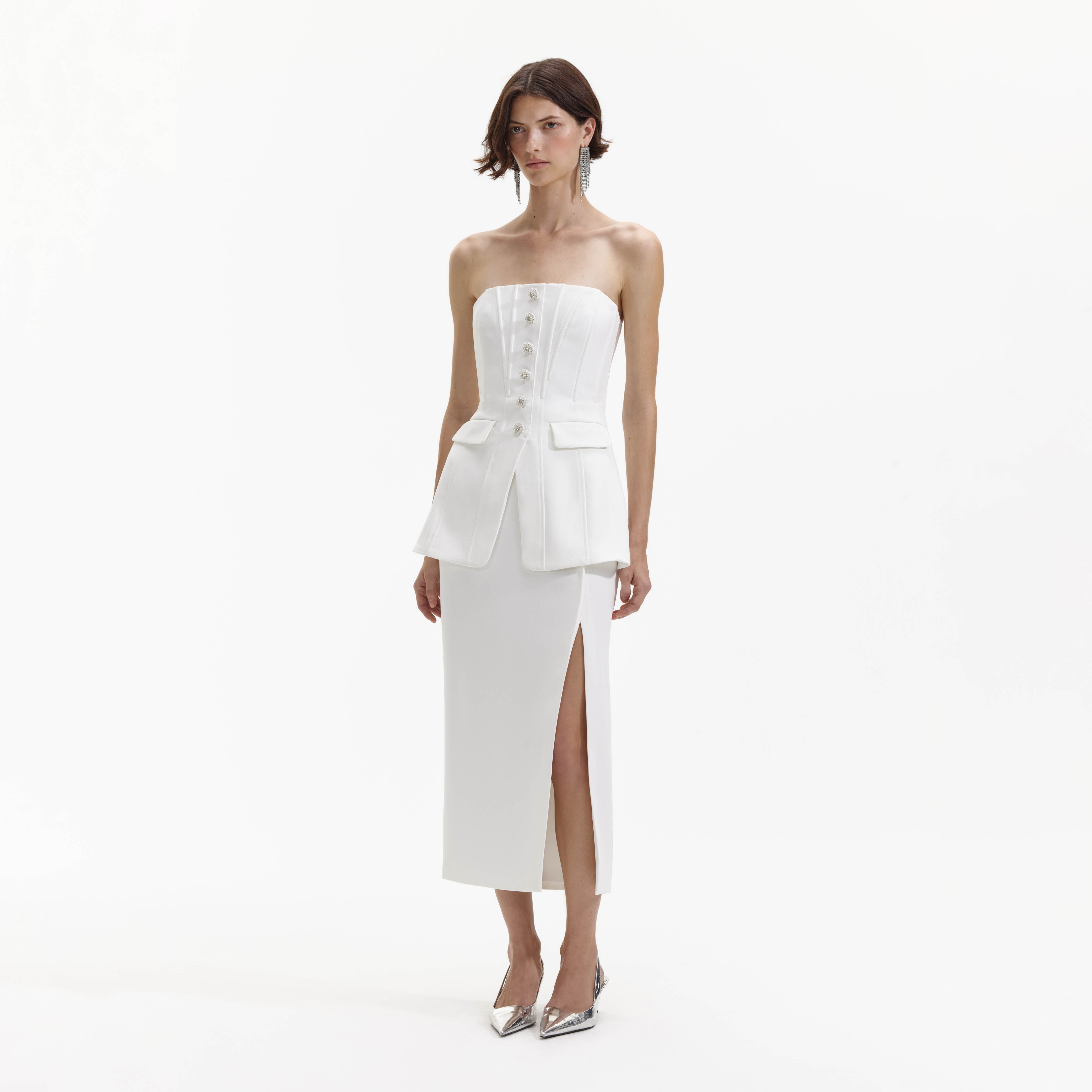 White Bandeau Crepe Tailored Midi Dress – self-portrait-EU