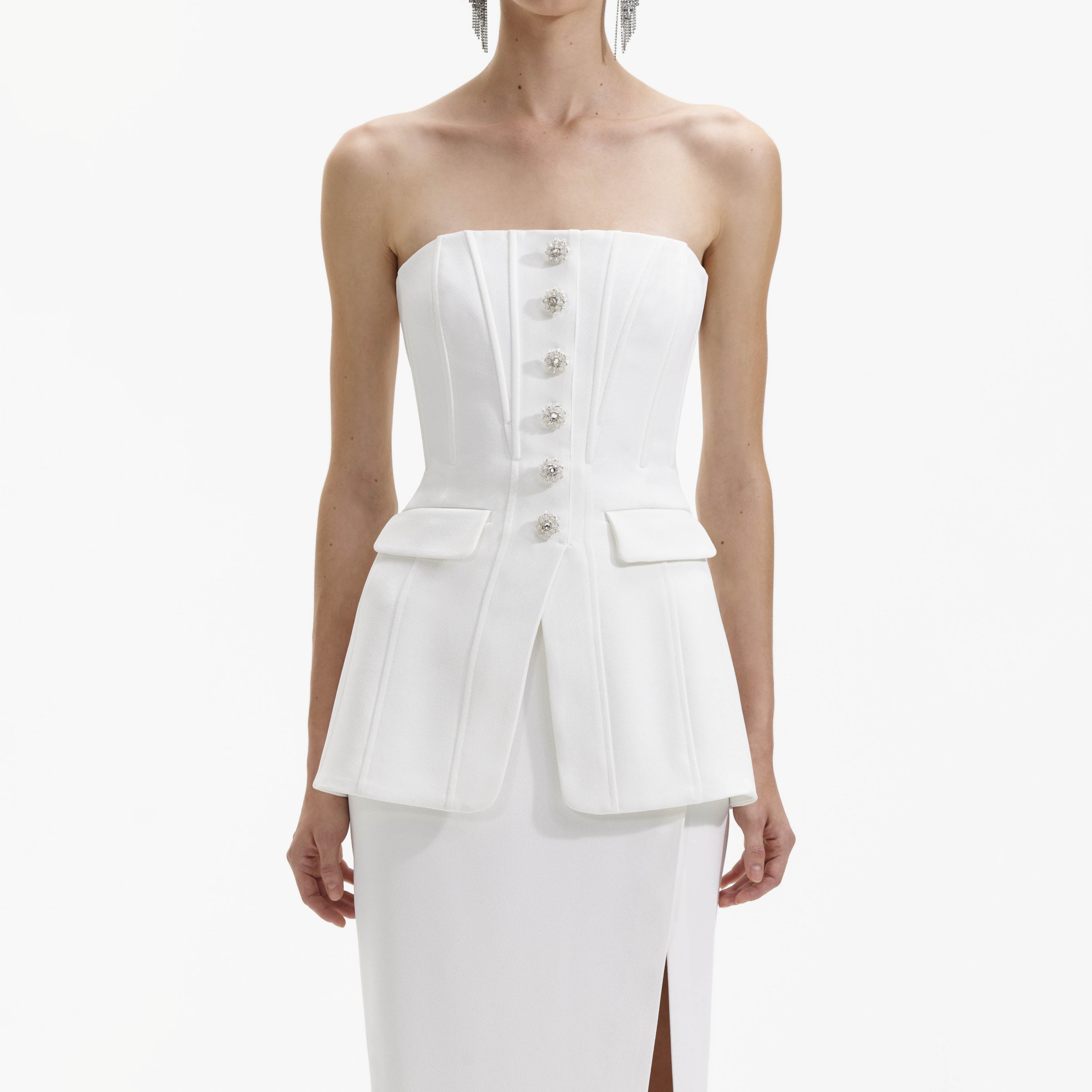 White Bandeau Crepe Tailored Midi Dress