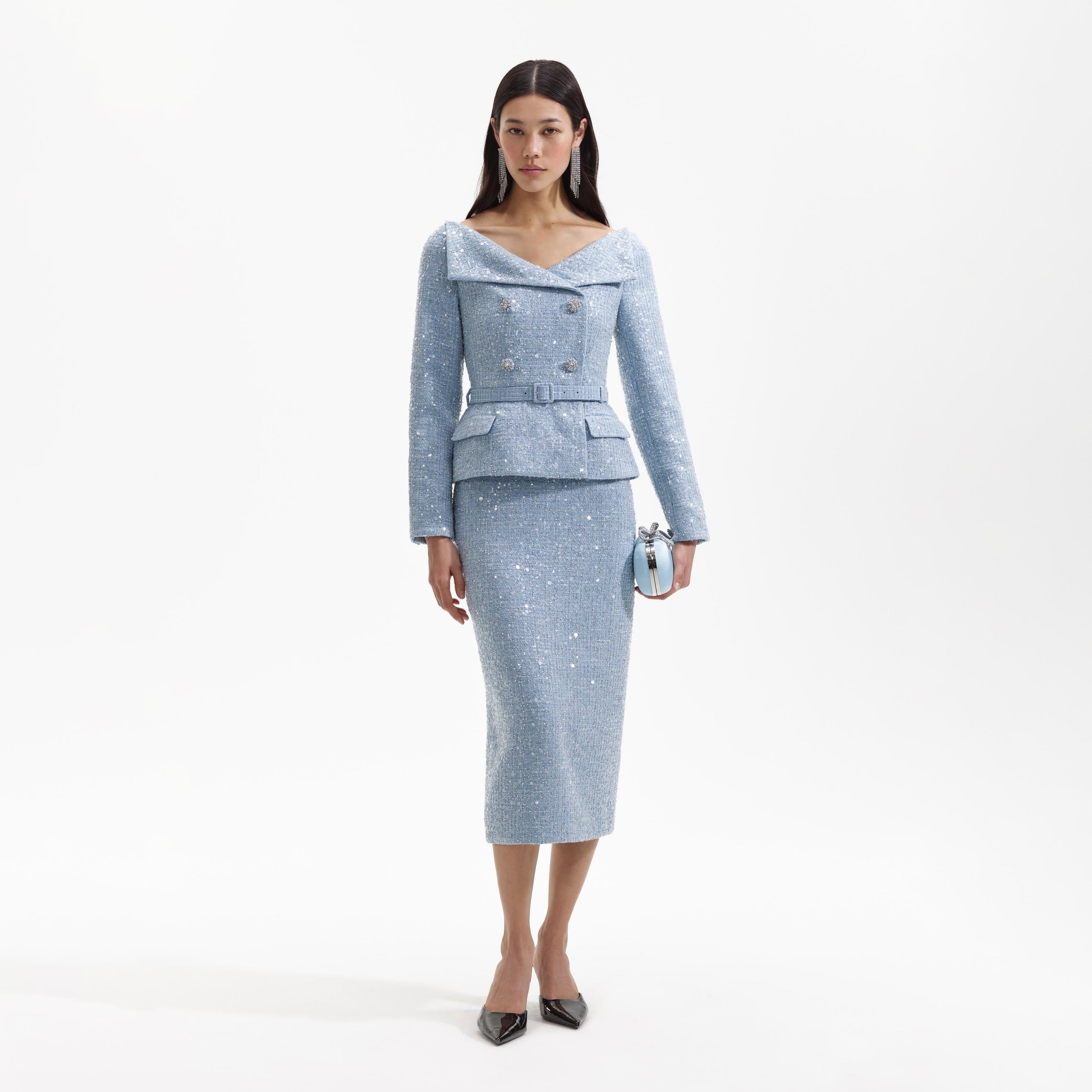 Blue Sequin Boucle Midi Dress