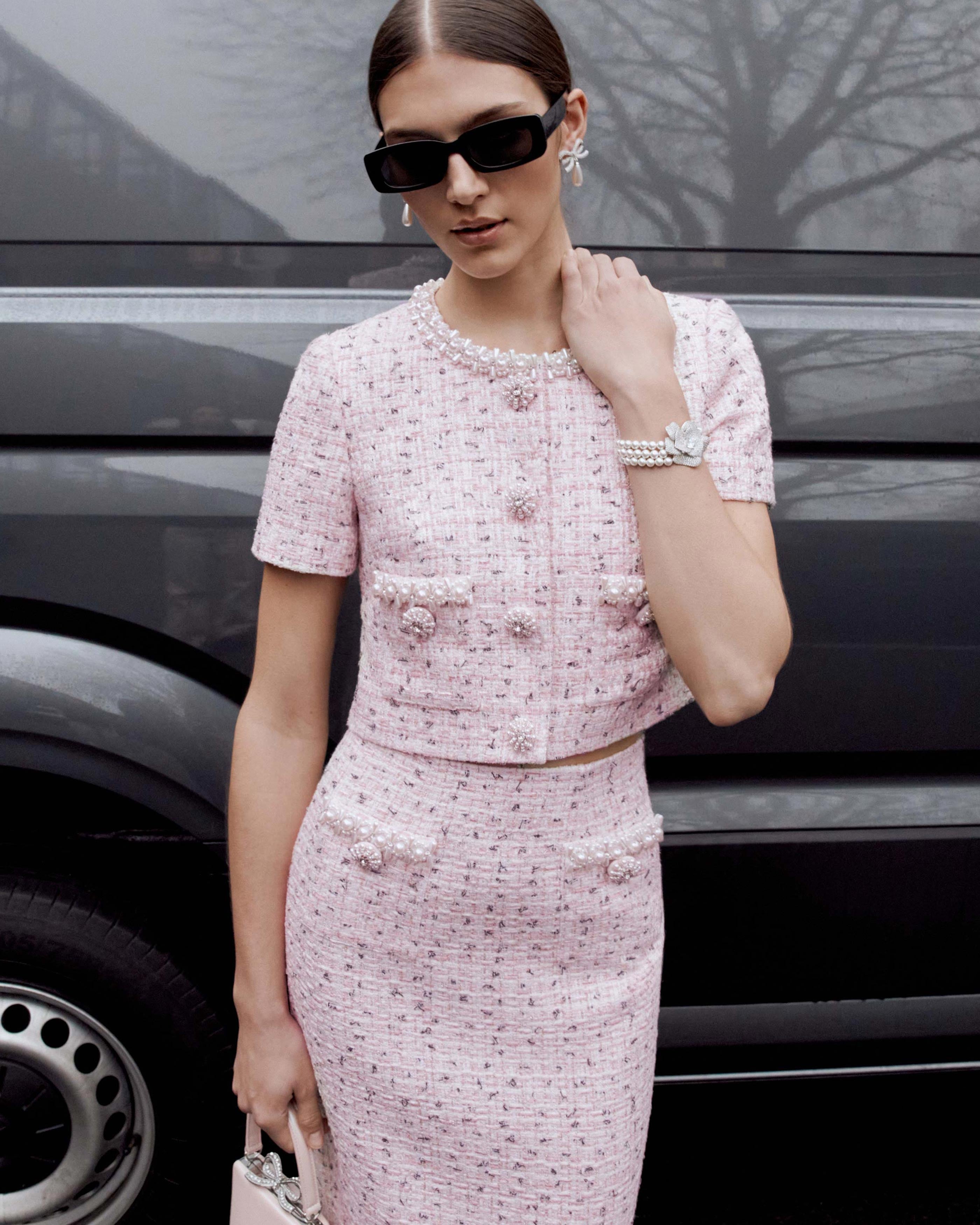 Pink Boucle Pearl Top