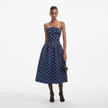 Navy Bandeau Polka Dot Satin Midi Dress