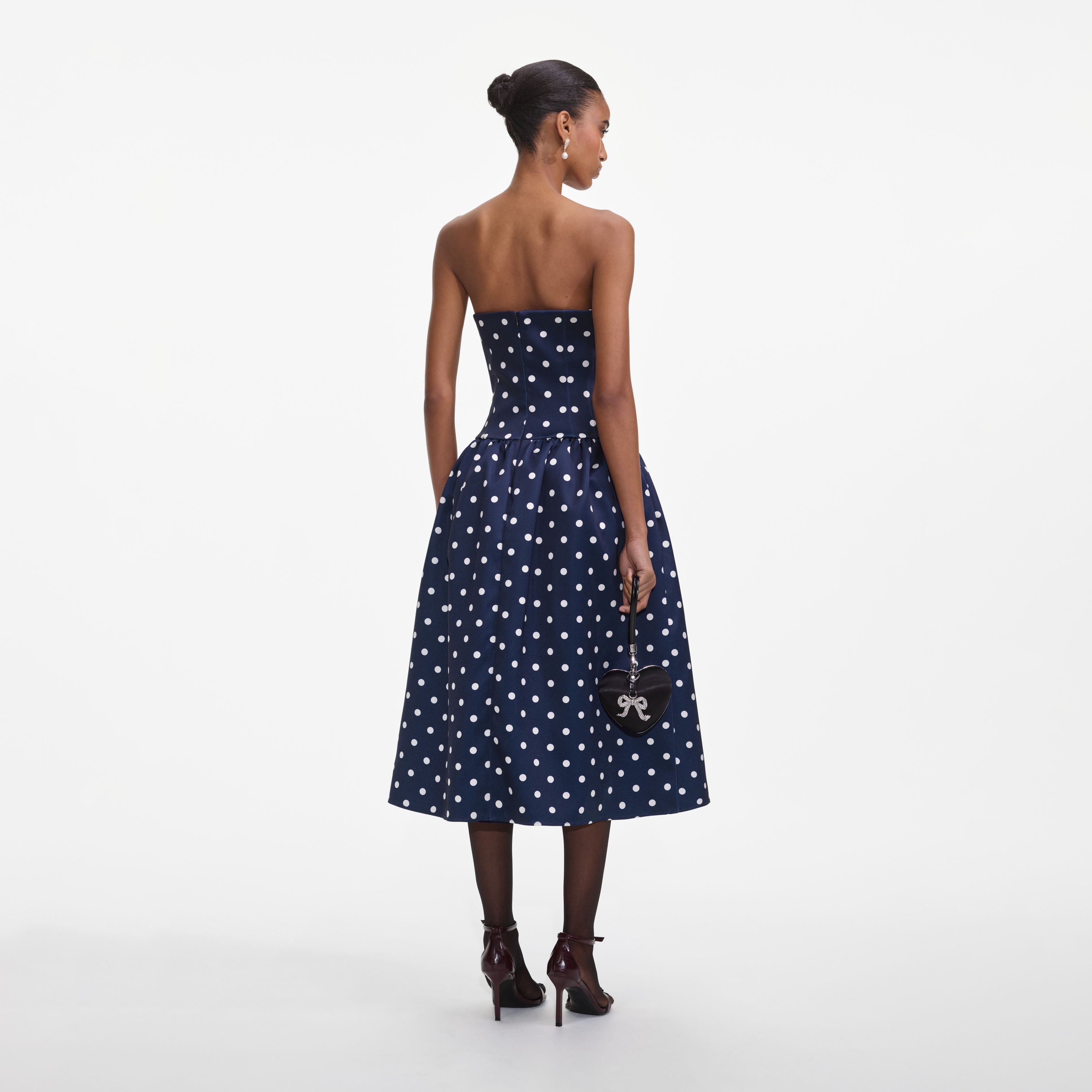 Navy Bandeau Polka Dot Satin Midi Dress