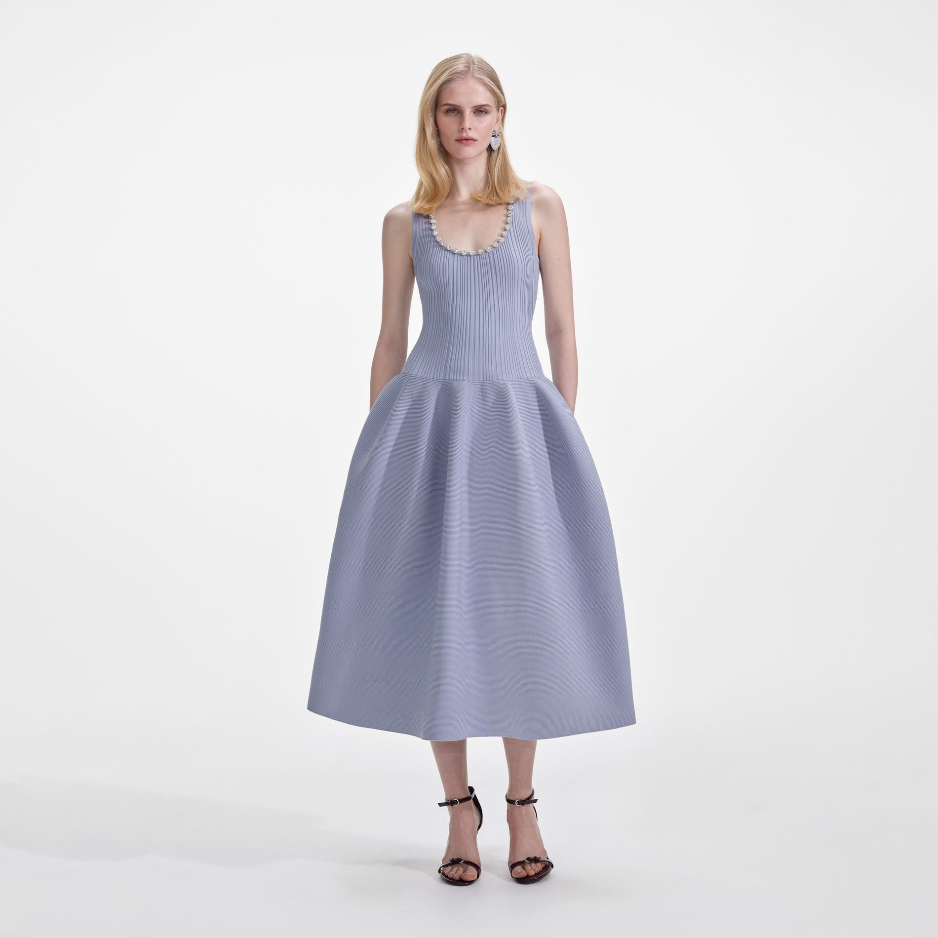 Front view of a woman wearing the Blue Ribbed Knit Diamante Midi Dress