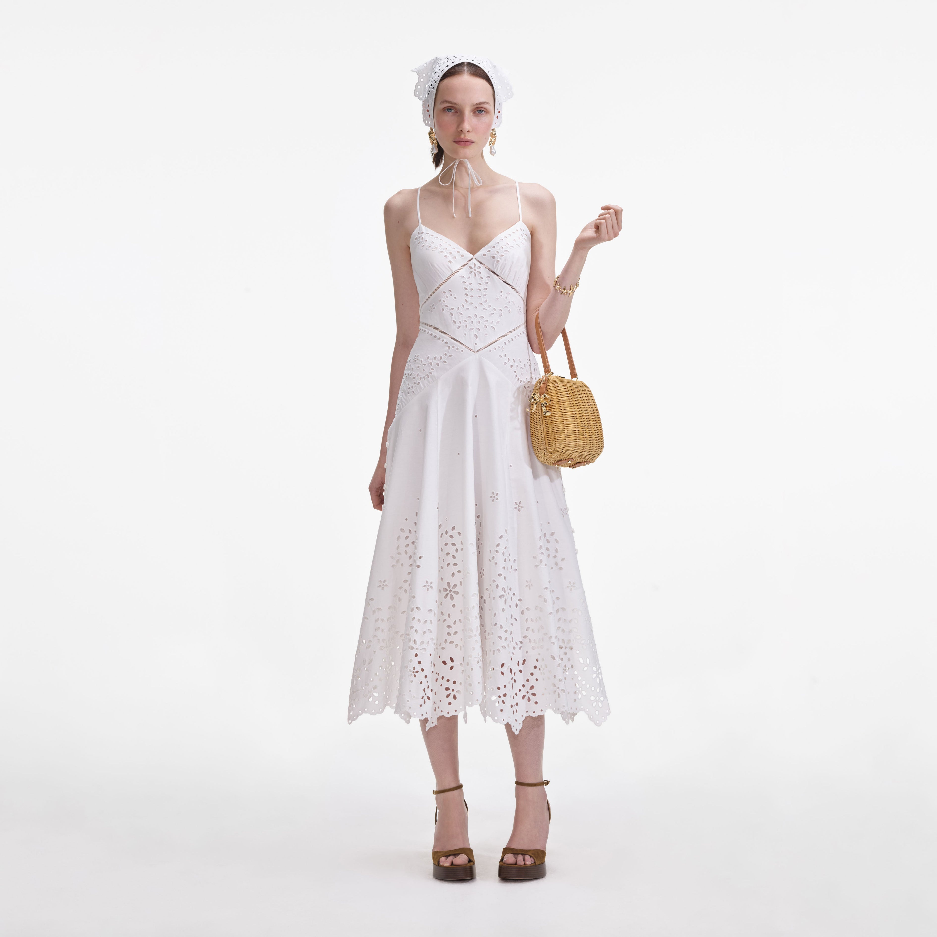White Cotton Embroidered Strappy Midi Dress