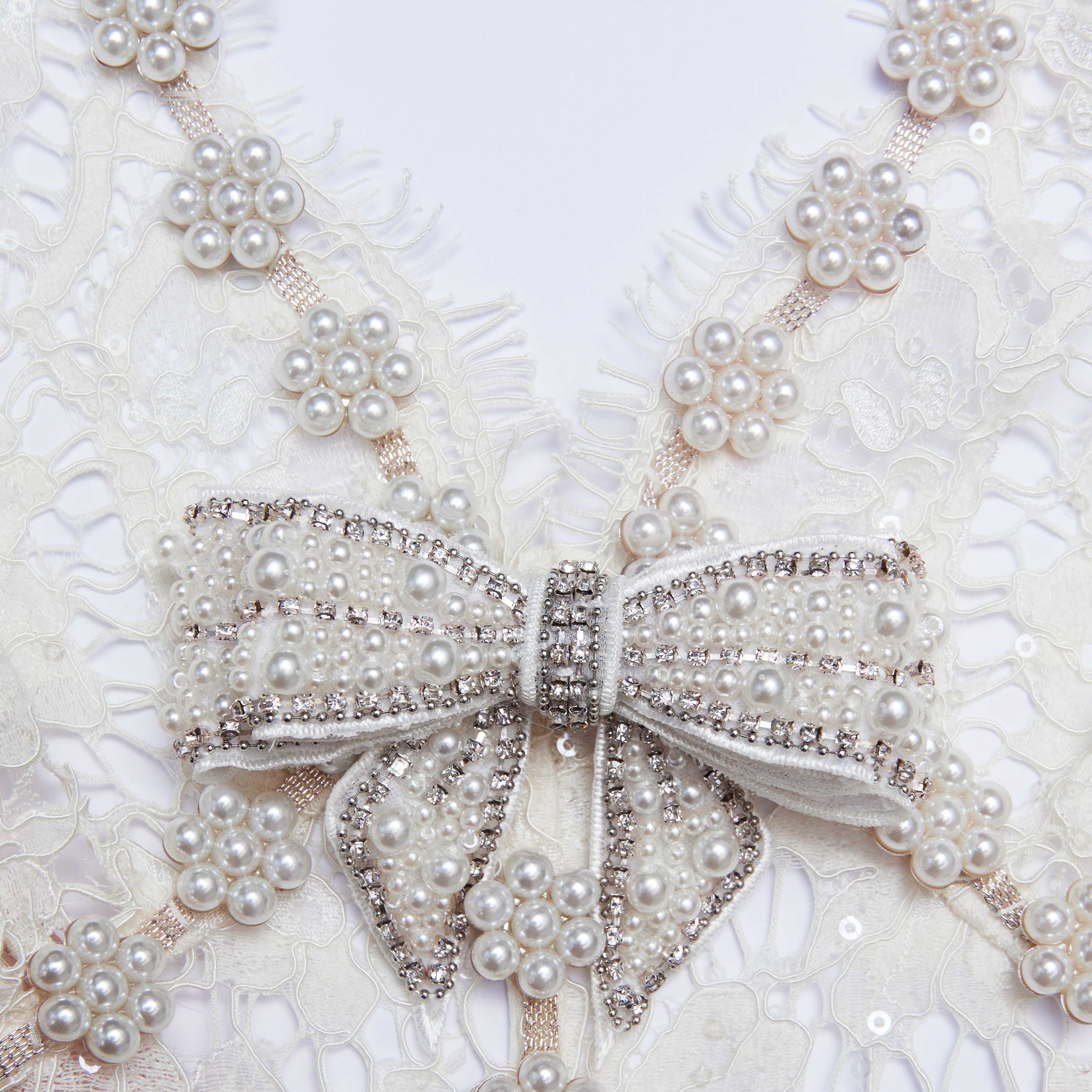 Cream Fine Lace Pearl Midi Dress