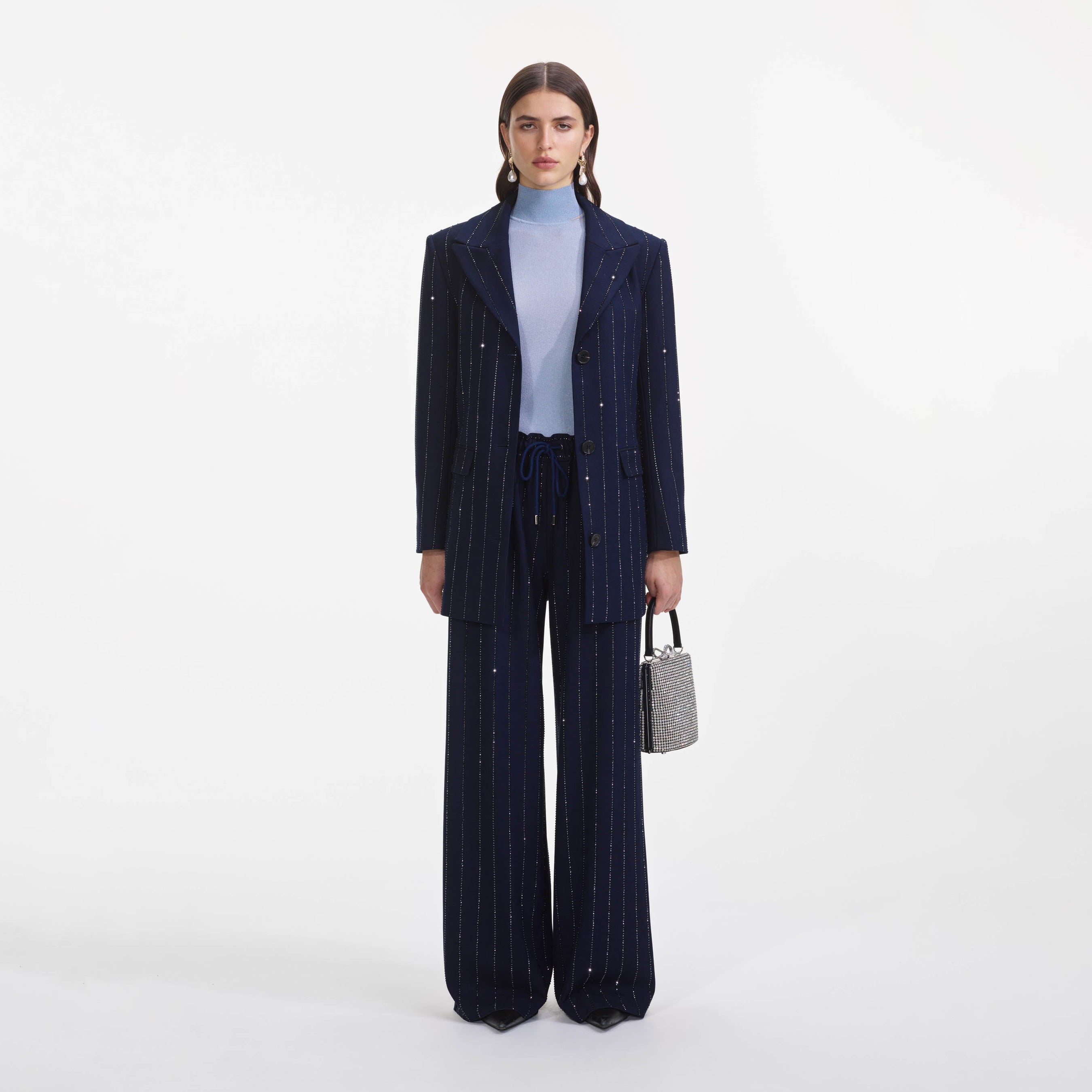 Navy Rhinestone Pinstripe Trousers