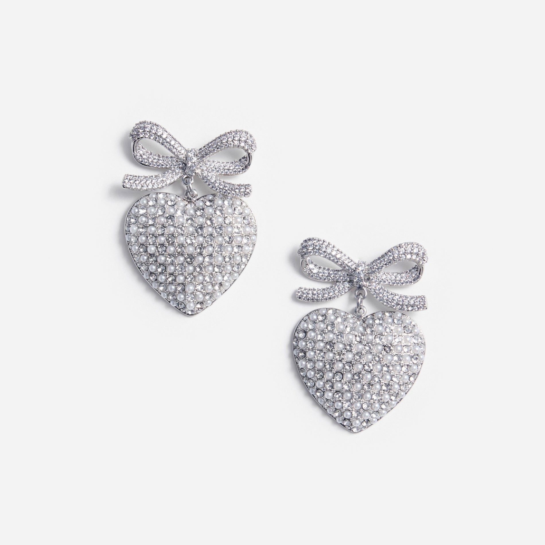 Crystal Bow Pearl Heart Earrings