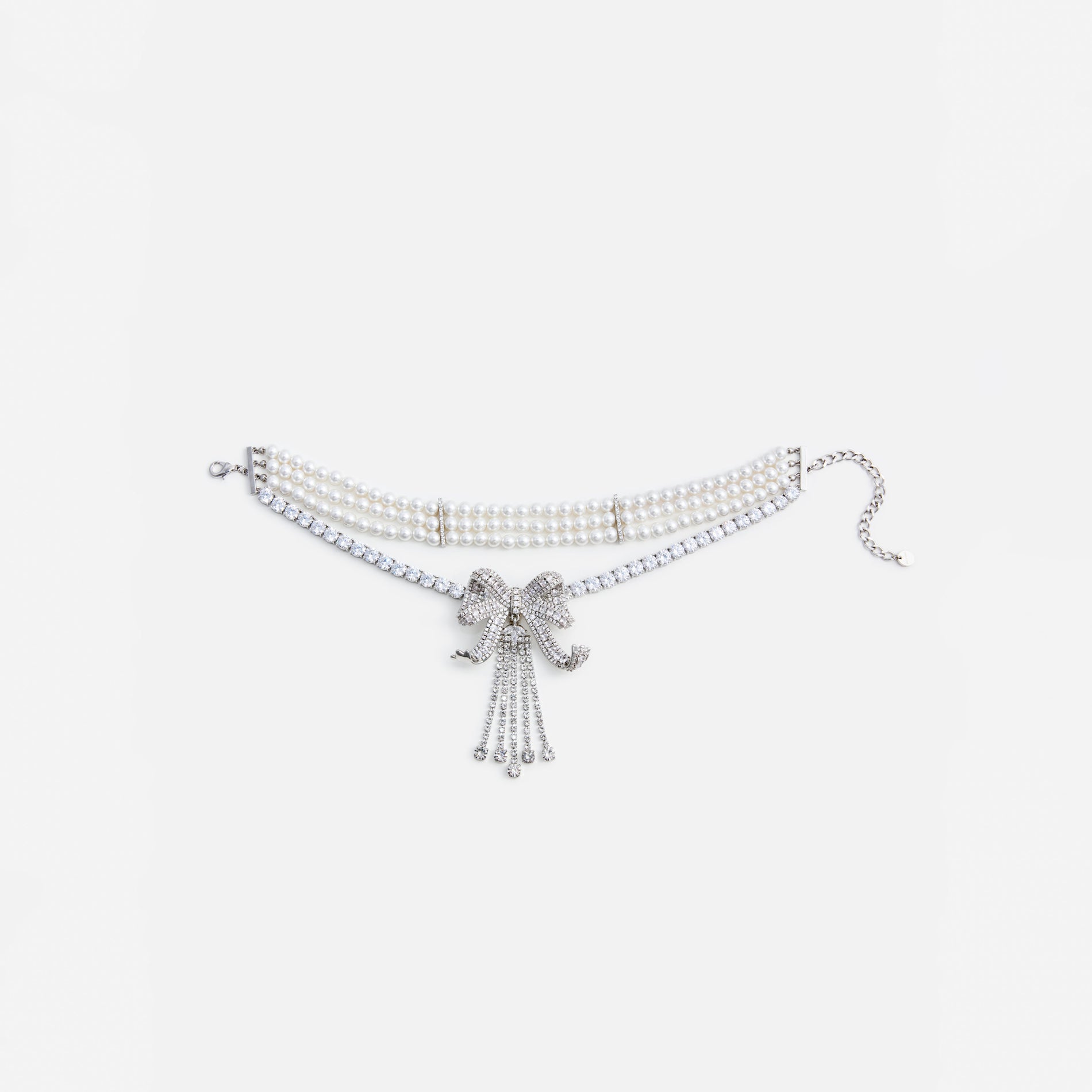 A photo of the Crystal Bow Droplet Pearl Necklace