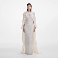 Cream Rhinestone Cape Maxi Dress