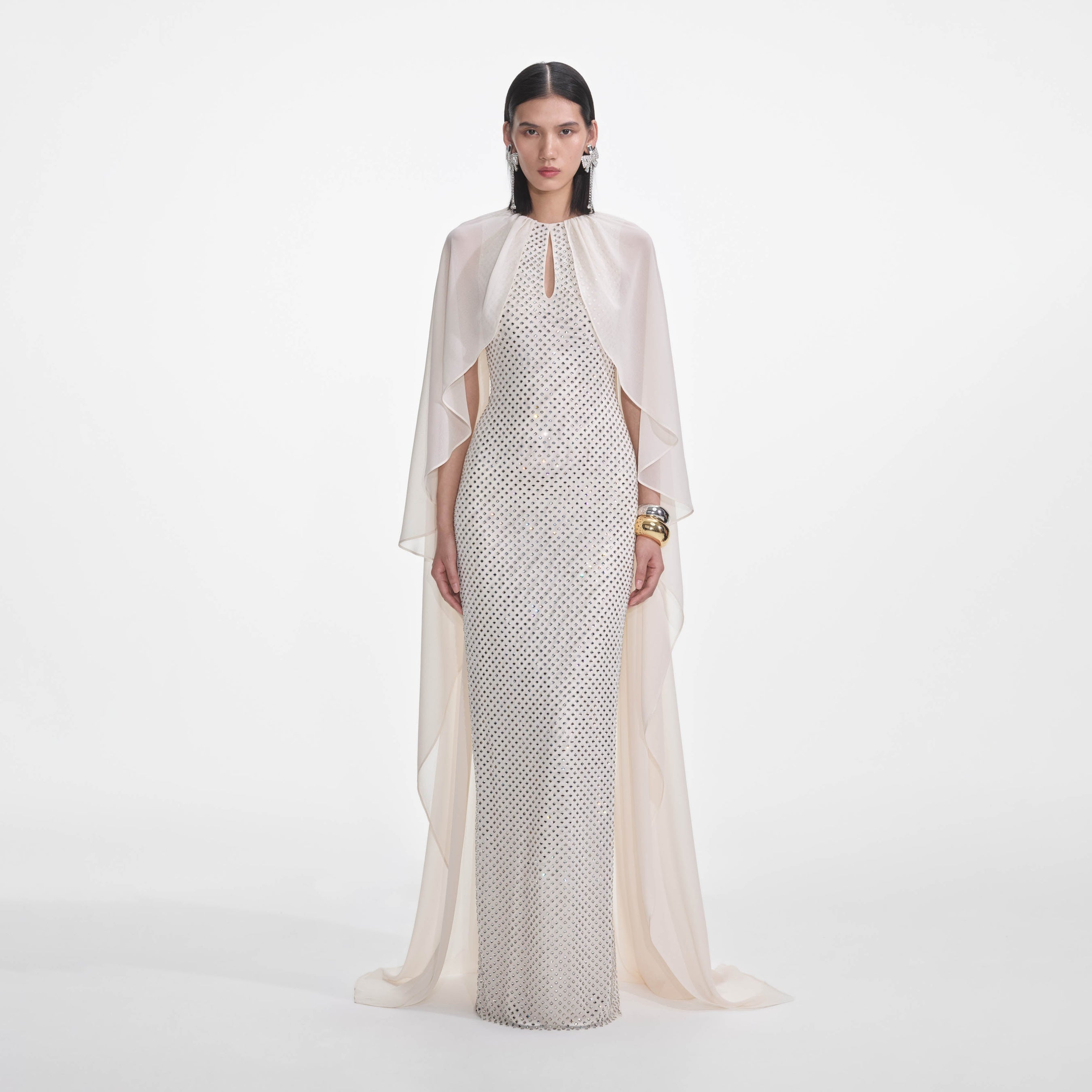 Cream Rhinestone Cape Maxi Dress