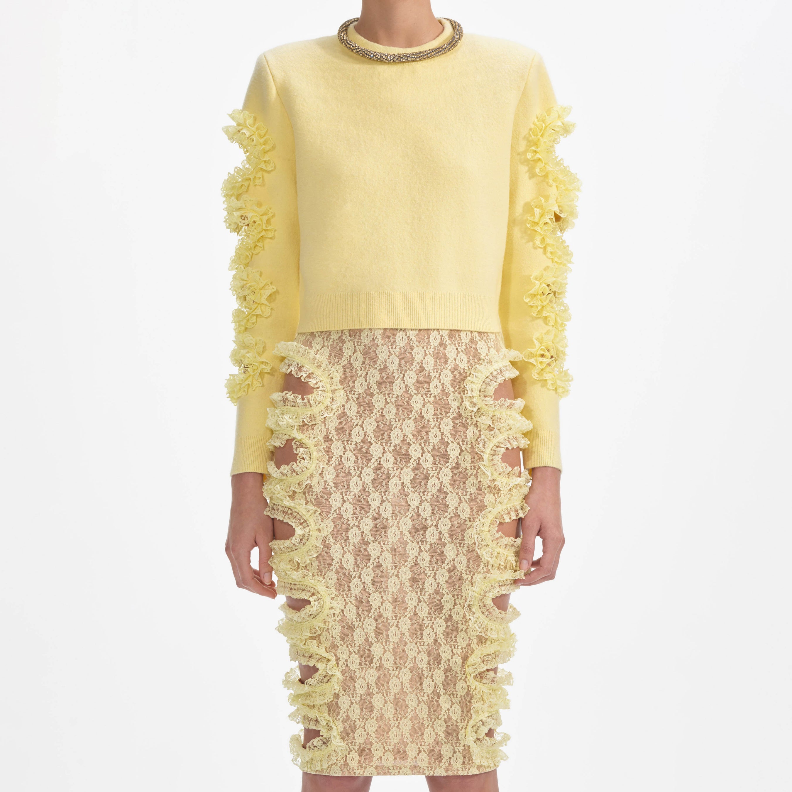 Yellow Lace Cut Out Midi Skirt