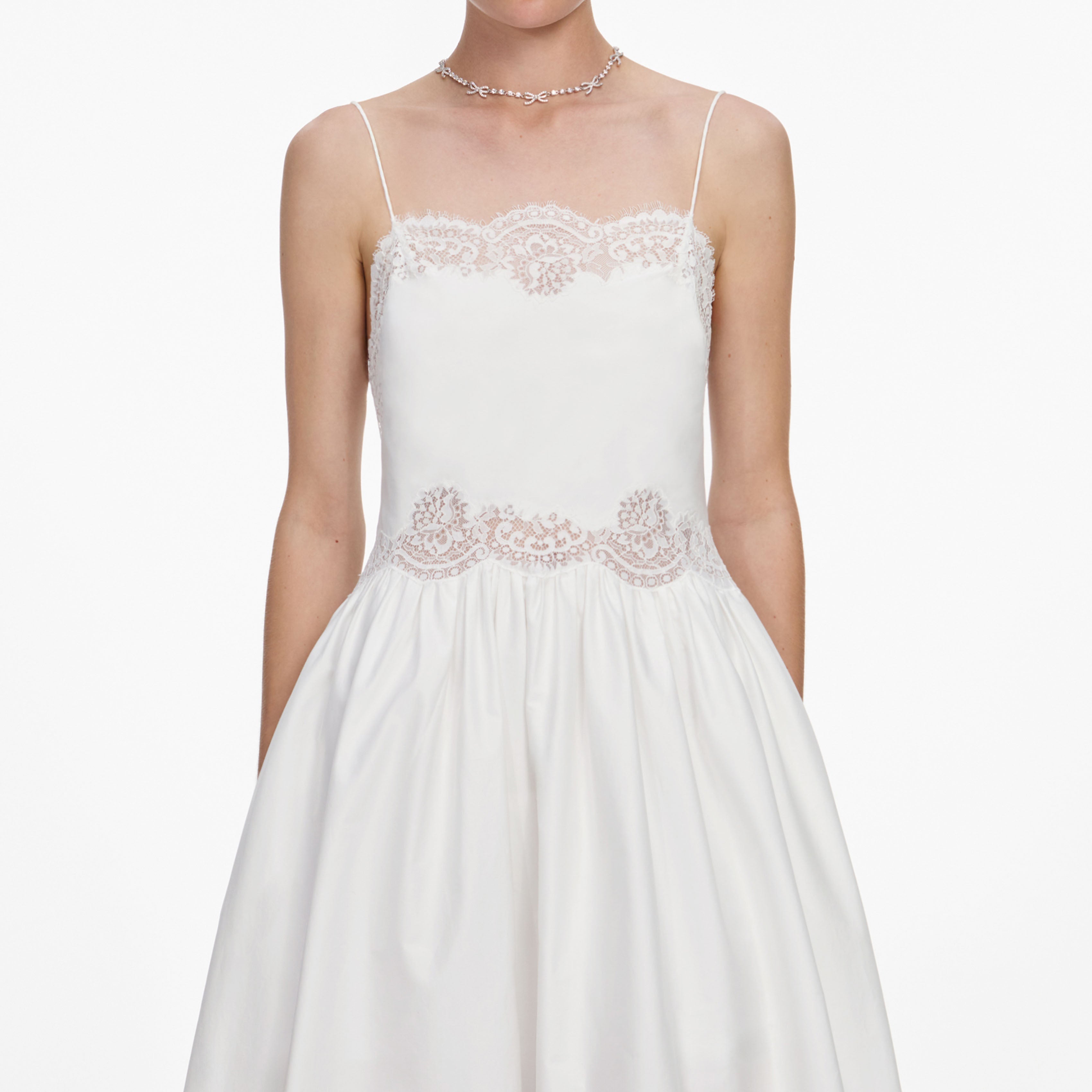 White Cotton Lace Trim Midi Dress