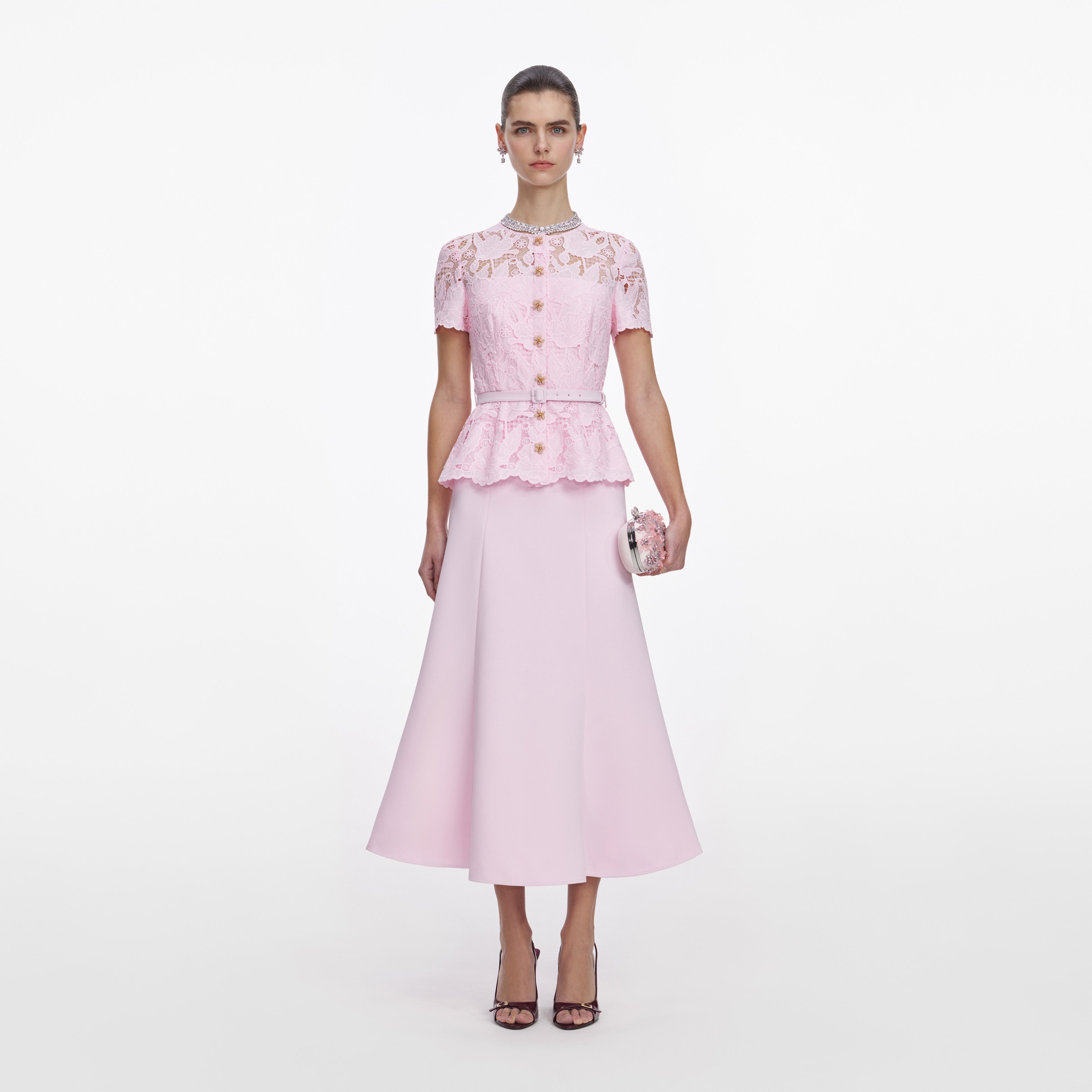 Pink Lace Crepe Midi Dress