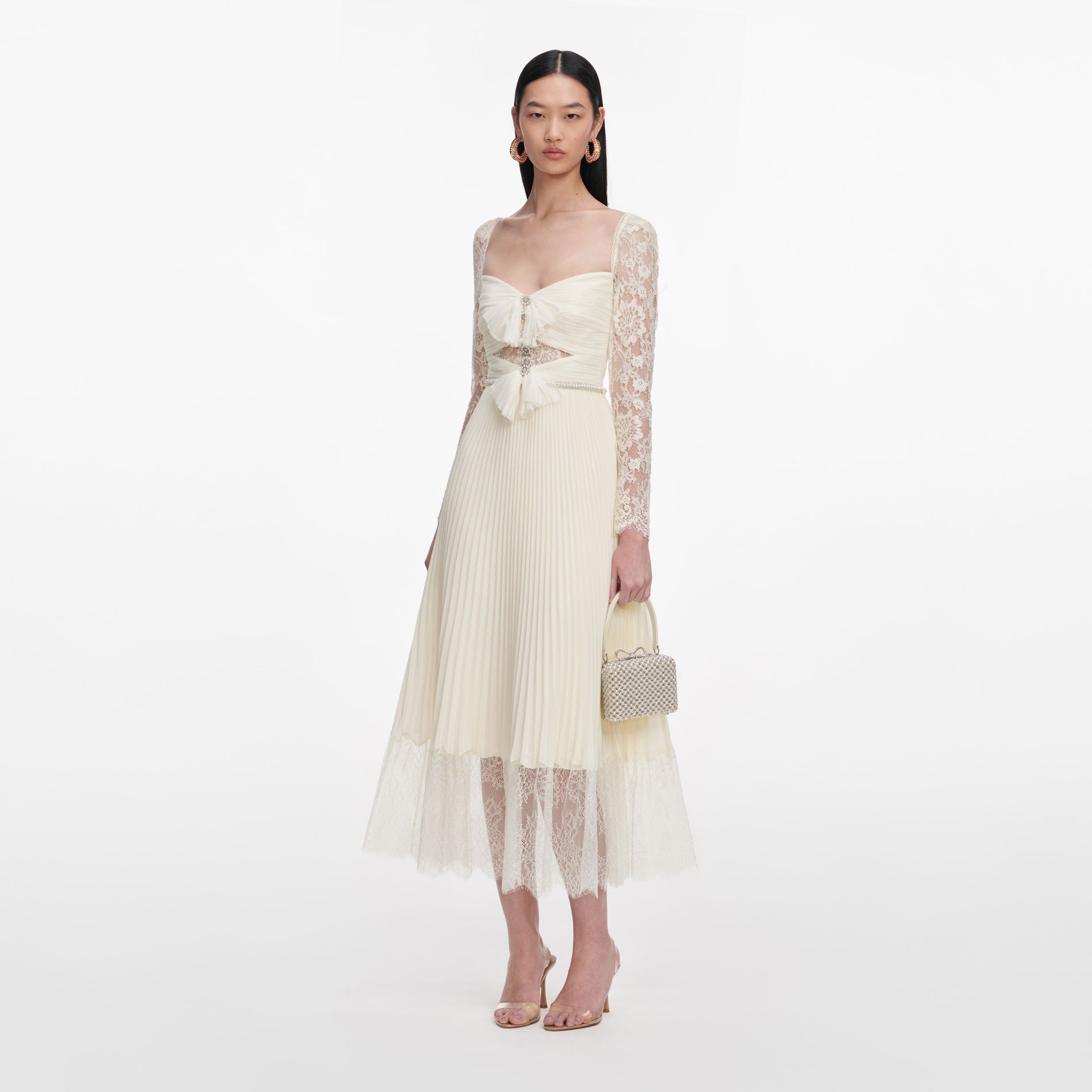 Cream Chiffon Lace Midi Dress