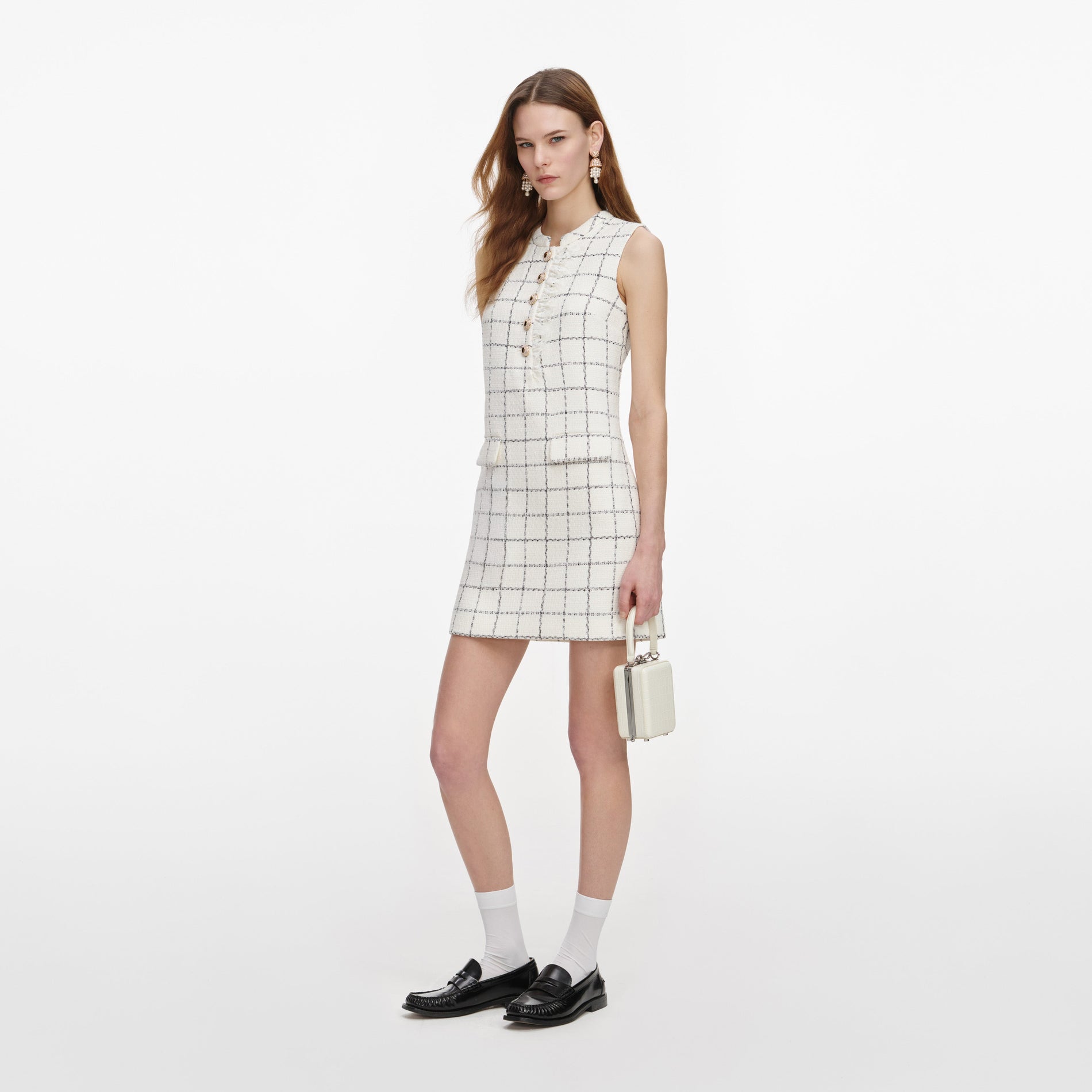 Side view of a woman wearing the Check Boucle Lace Trim Mini Dress