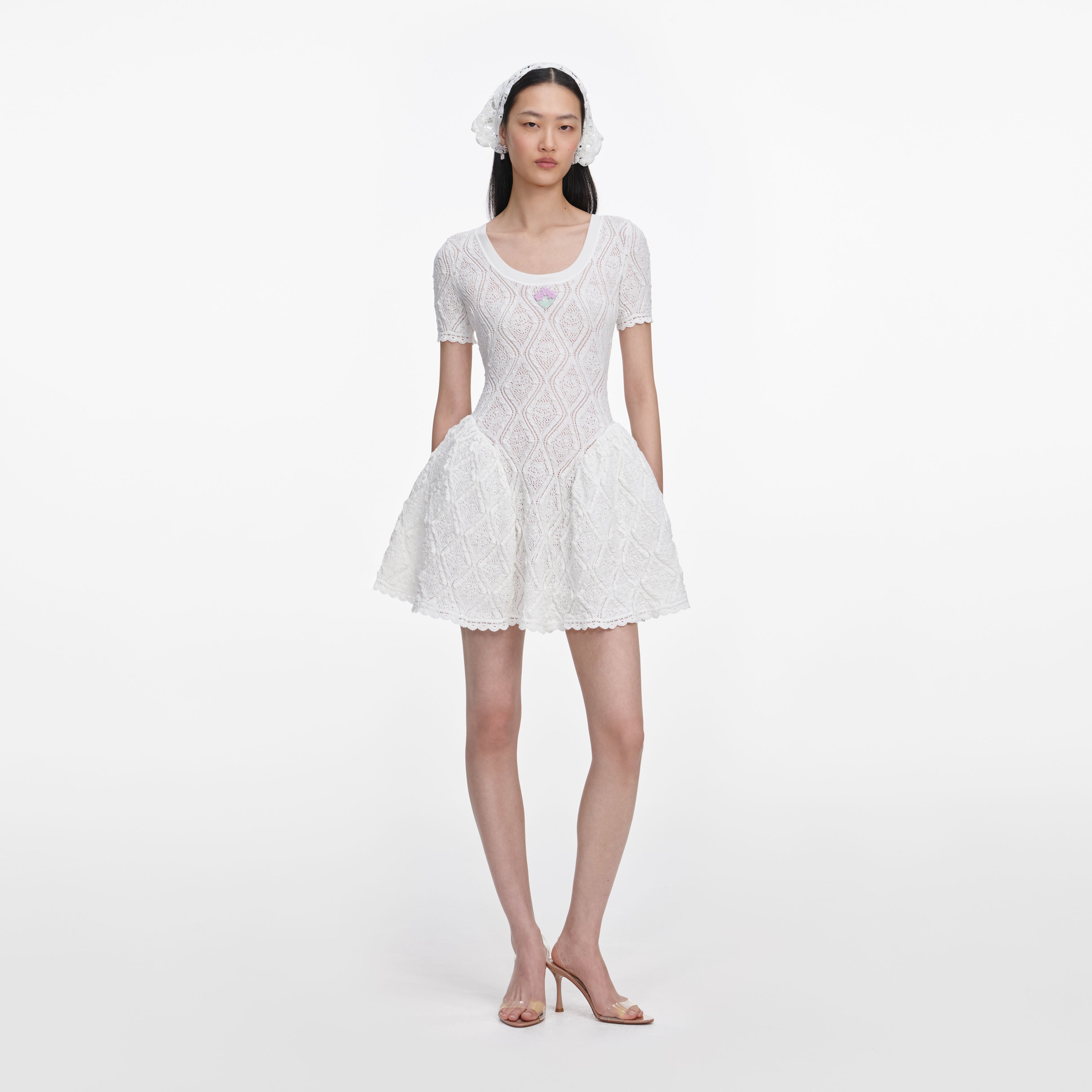 White Pointelle Knit Flared Mini Dress