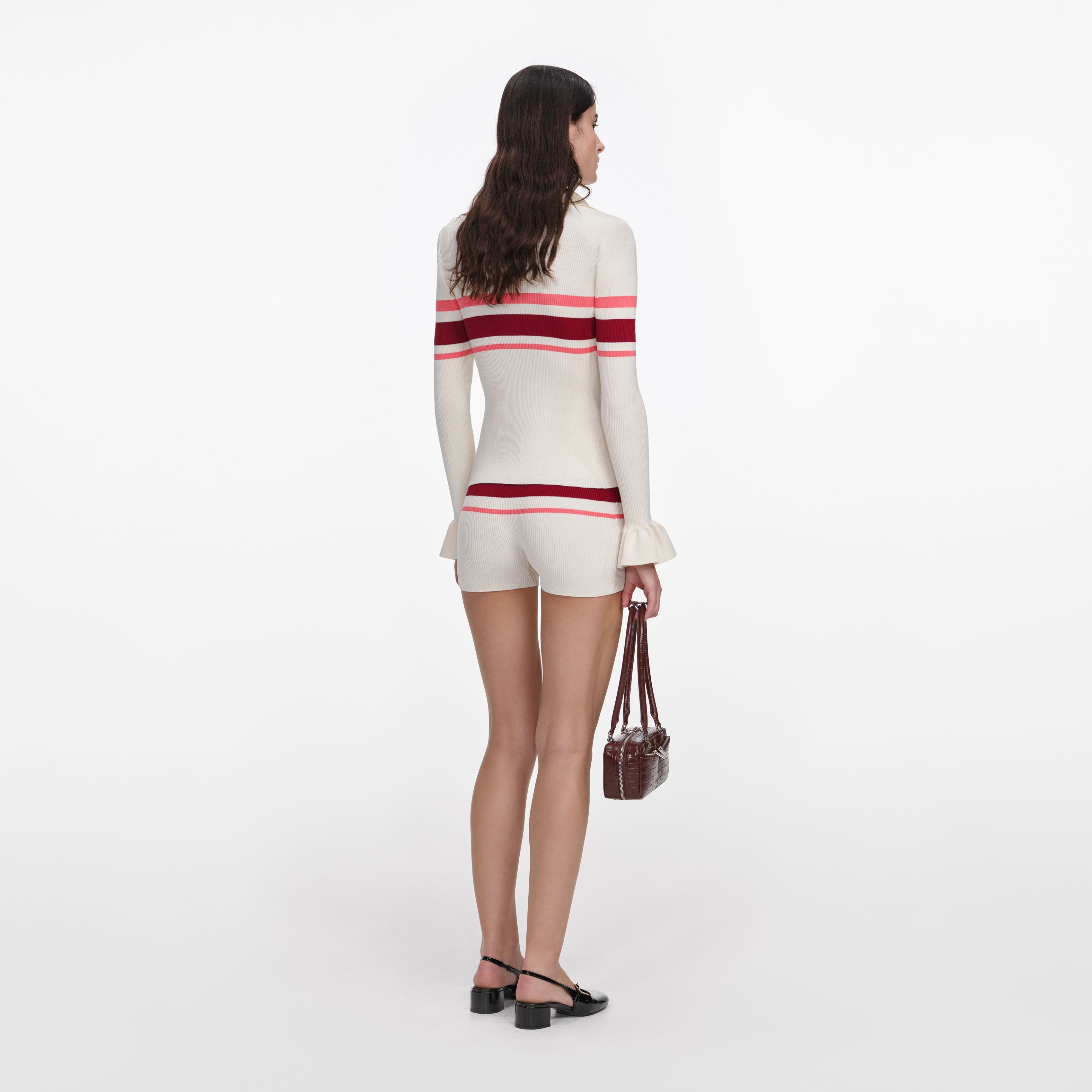 Cream Stripe Viscose Knit Button Top