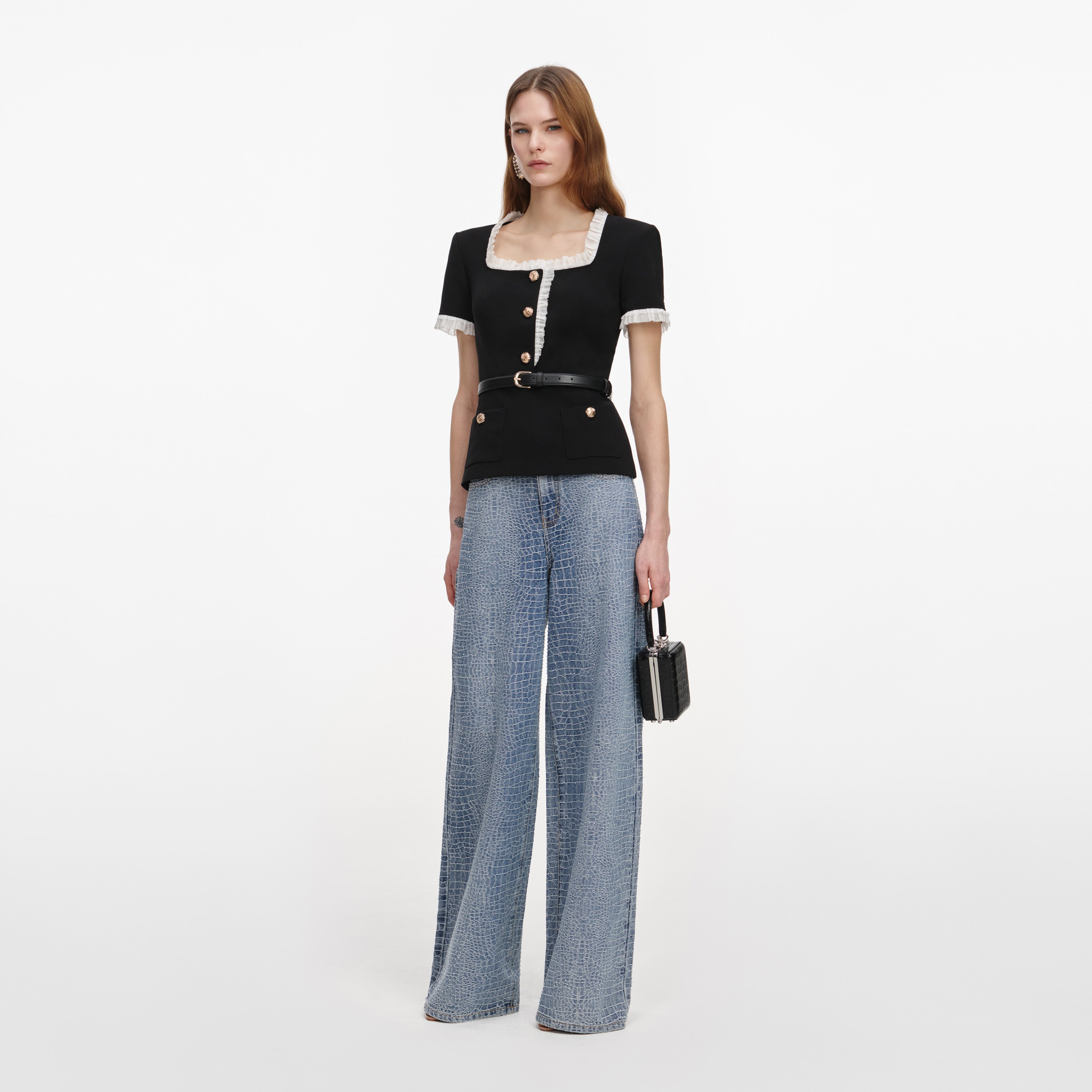 Black Crepe Contrast Frill Top