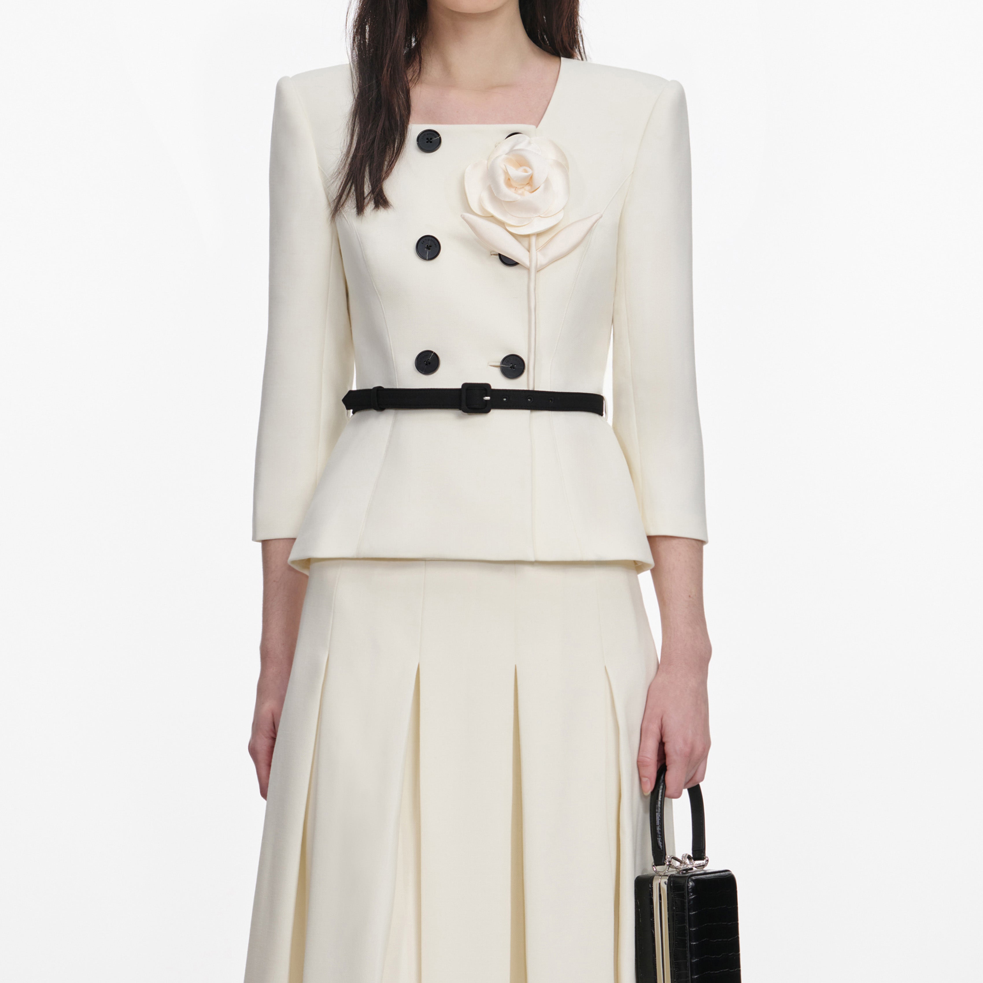 Cream 3D Flower Tailored Midi Dress