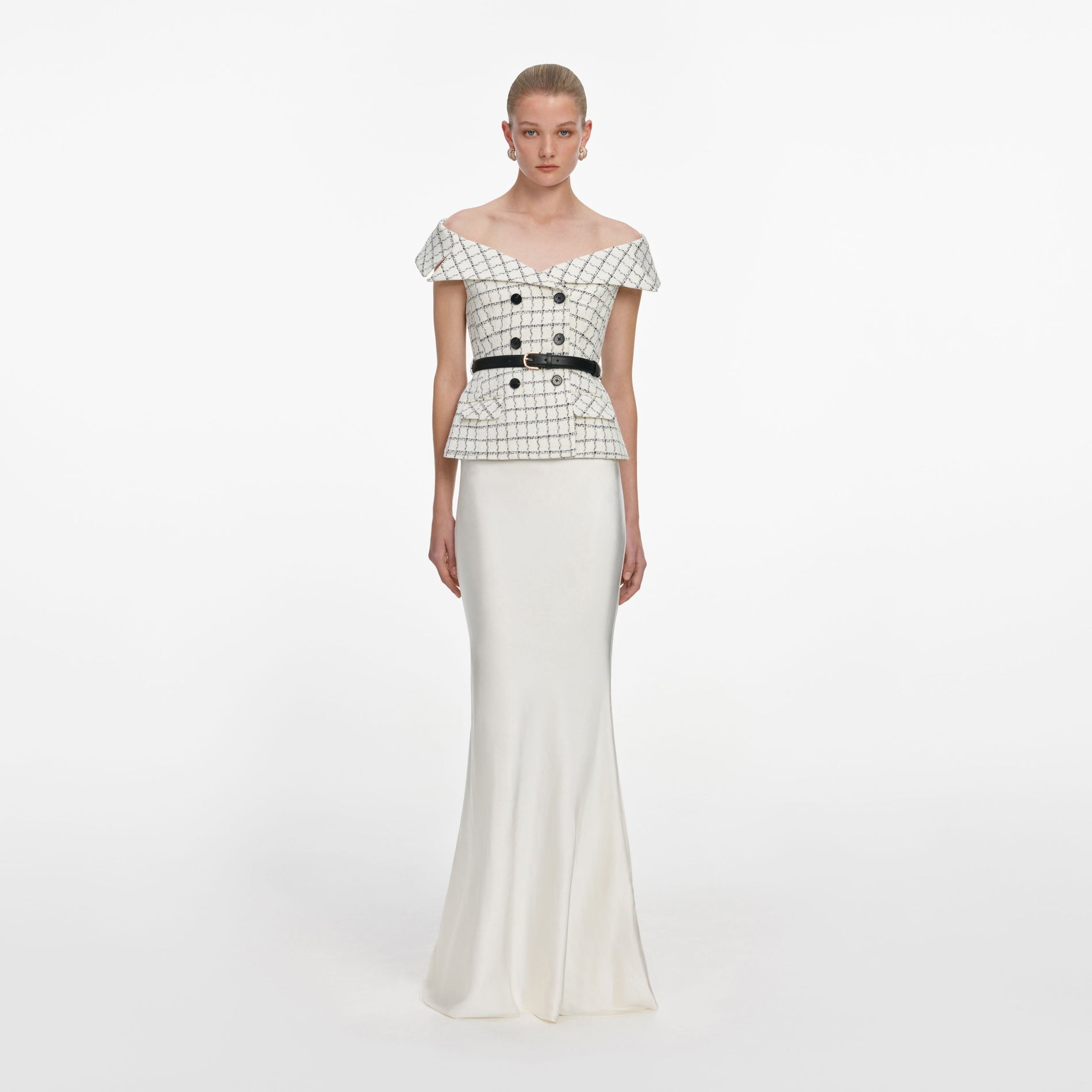 Front view of a woman wearing the Check Boucle Satin Maxi Dress