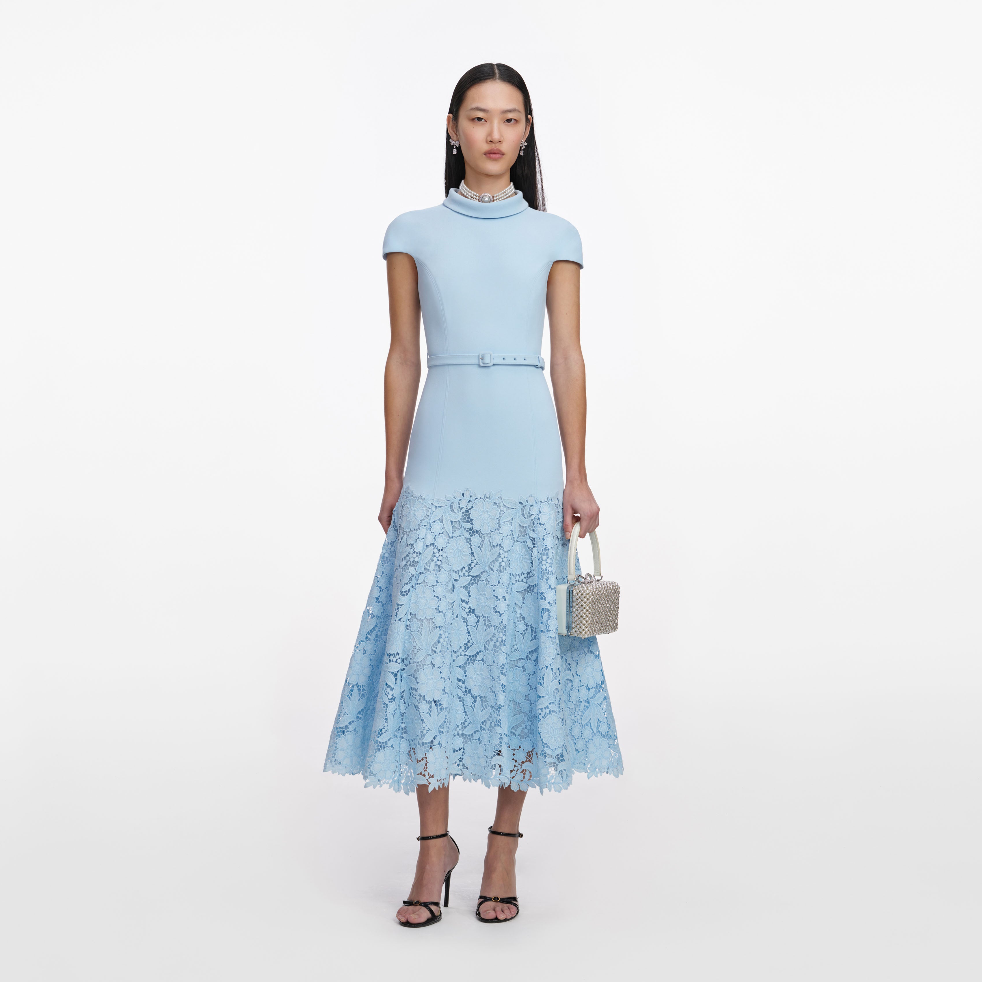 Blue Crepe Lace Midi Dress