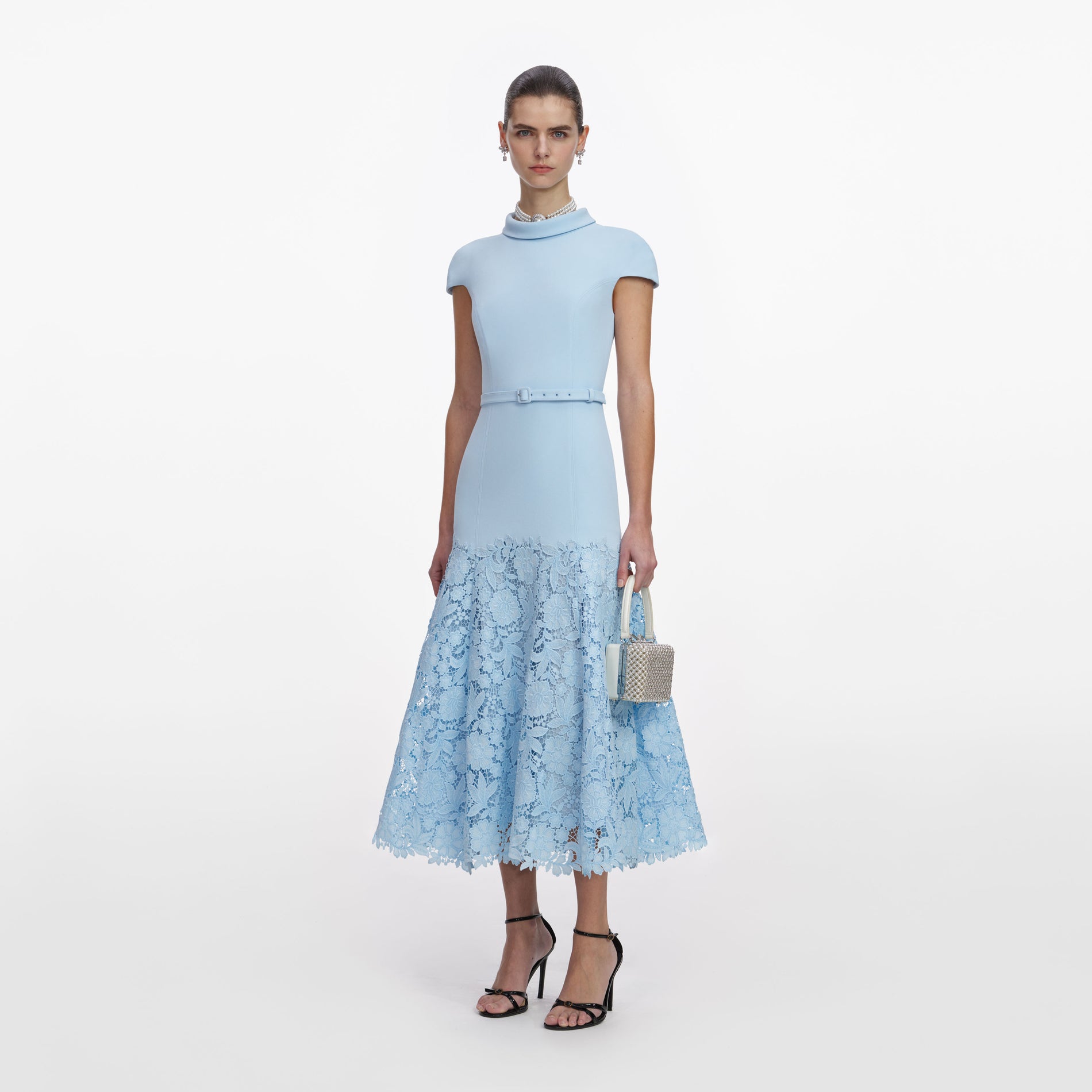 Blue Crepe Lace Midi Dress