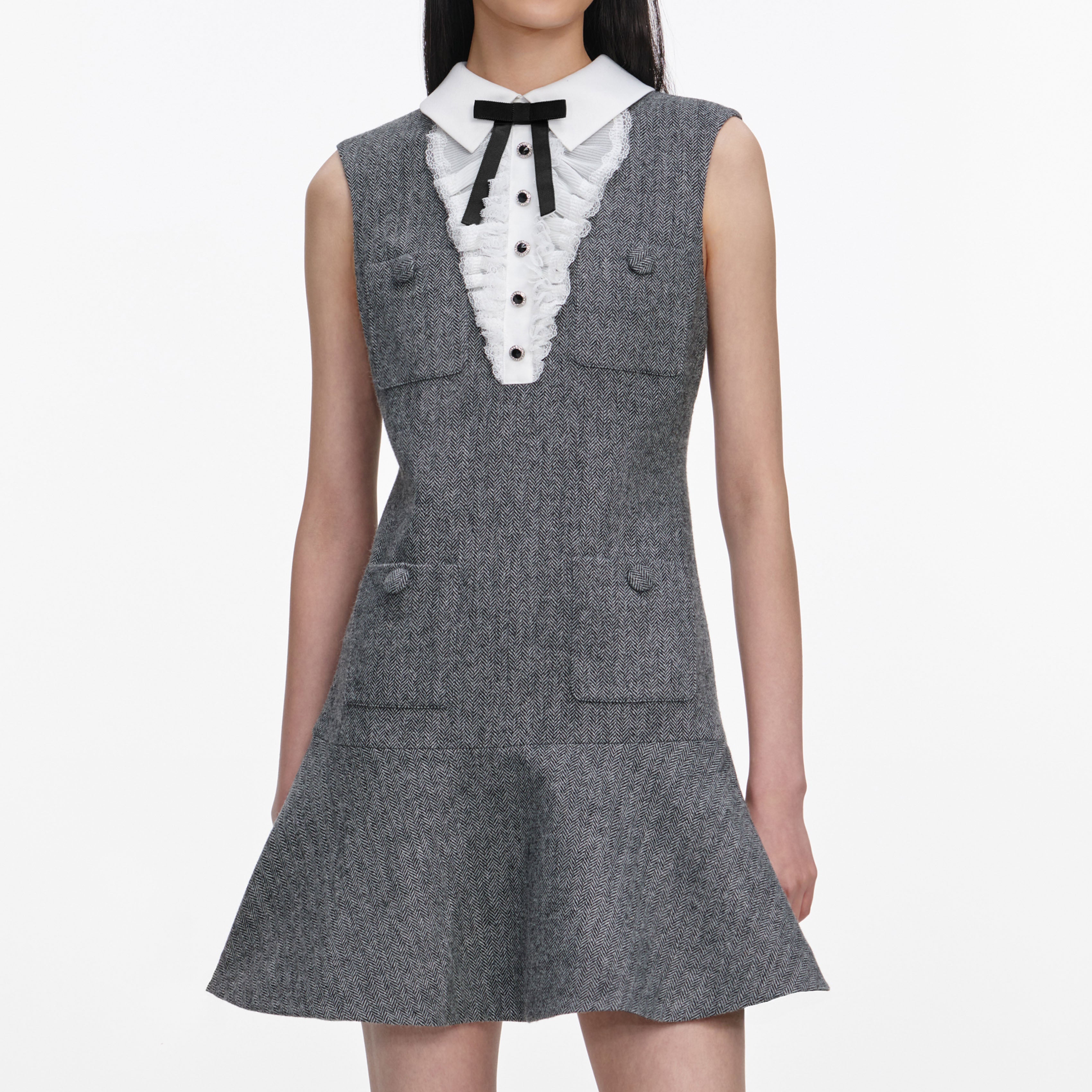 Grey Herringbone Lace Bib Mini Dress