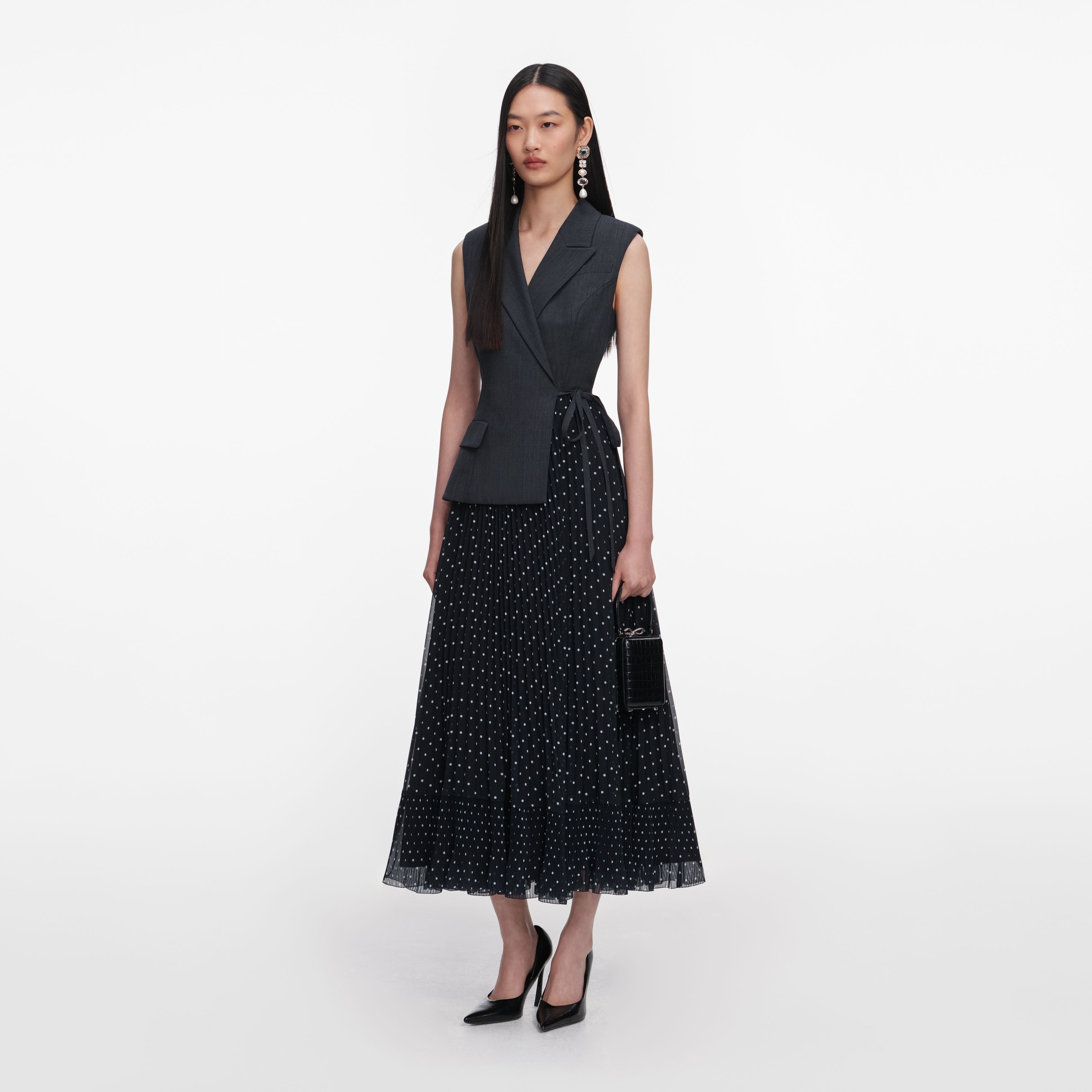 Grey Tailored Polka Dot Midi Dress