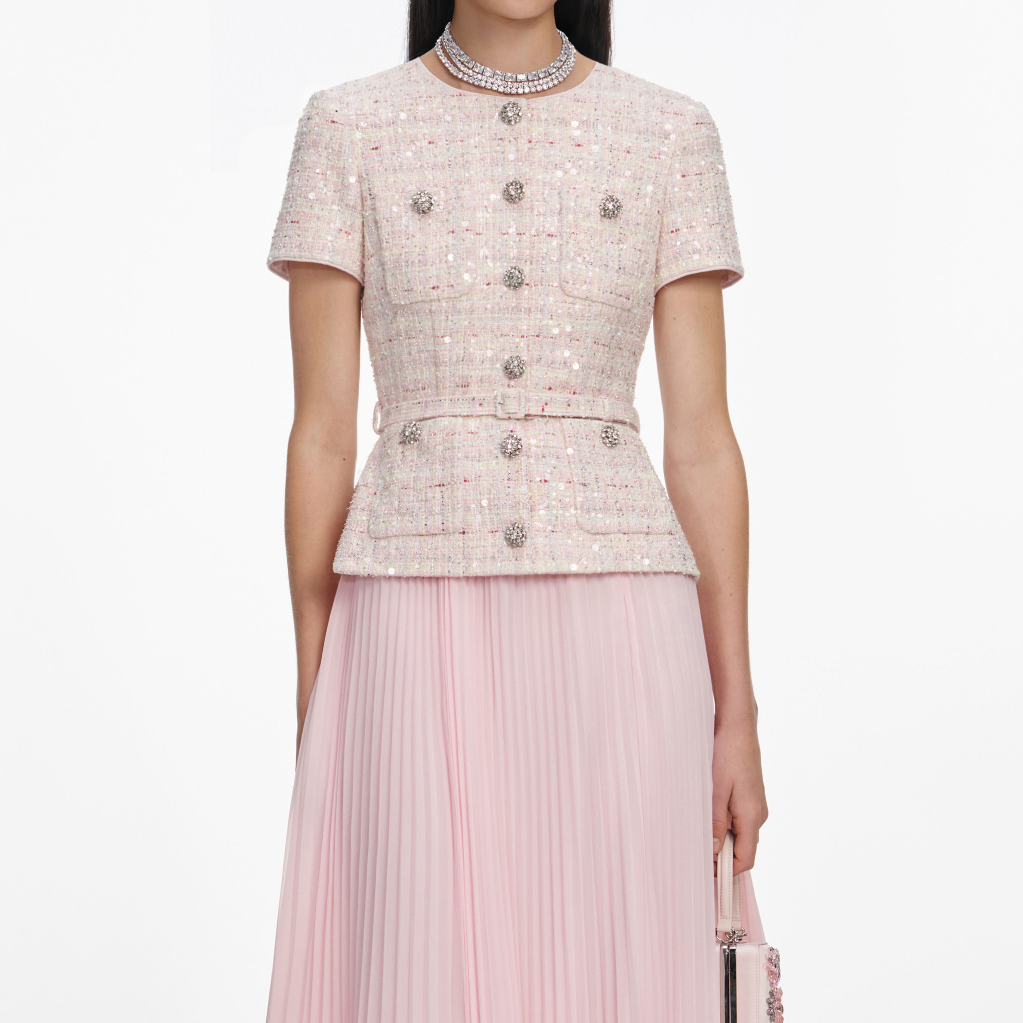 Pink Sequin Boucle Tailored Midi Dress