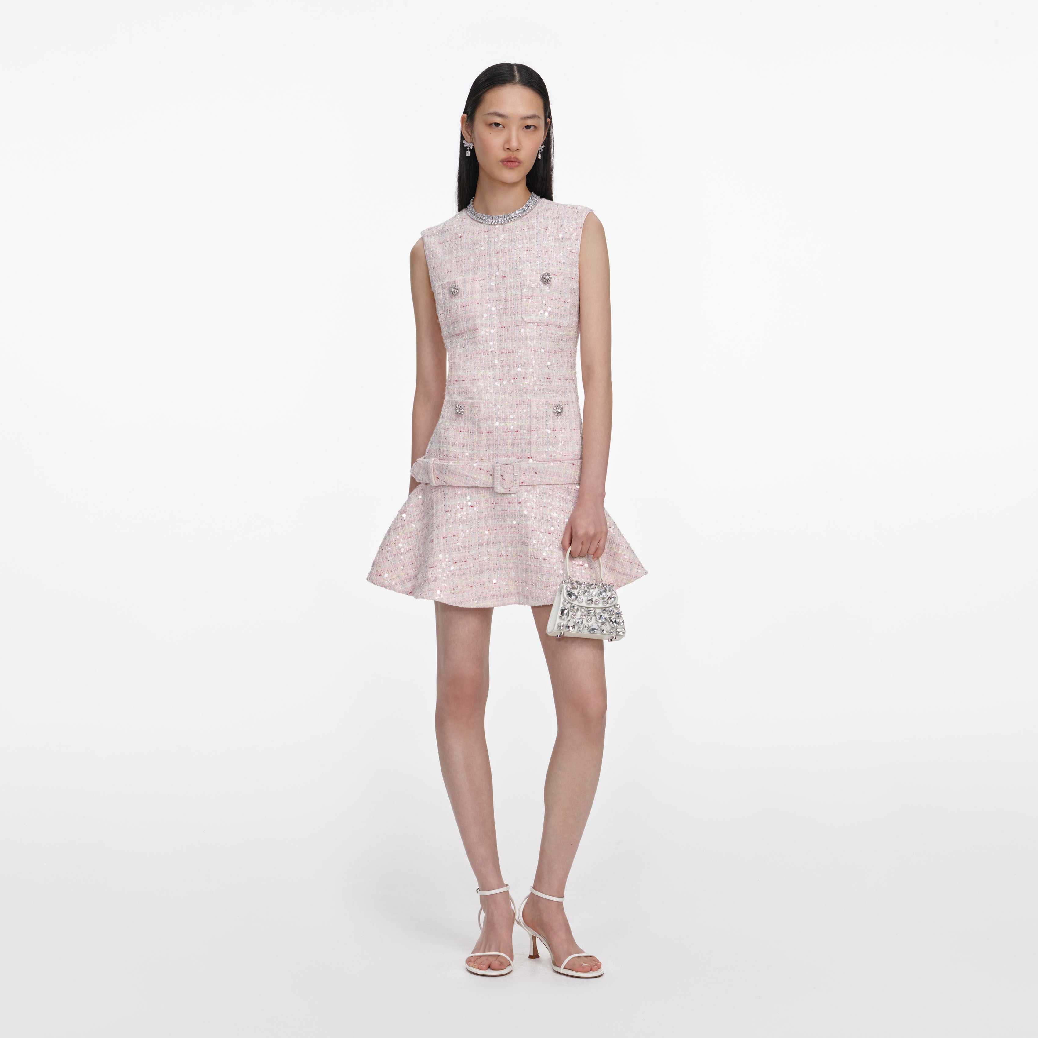 Pink Sequin Boucle Belted Mini Dress