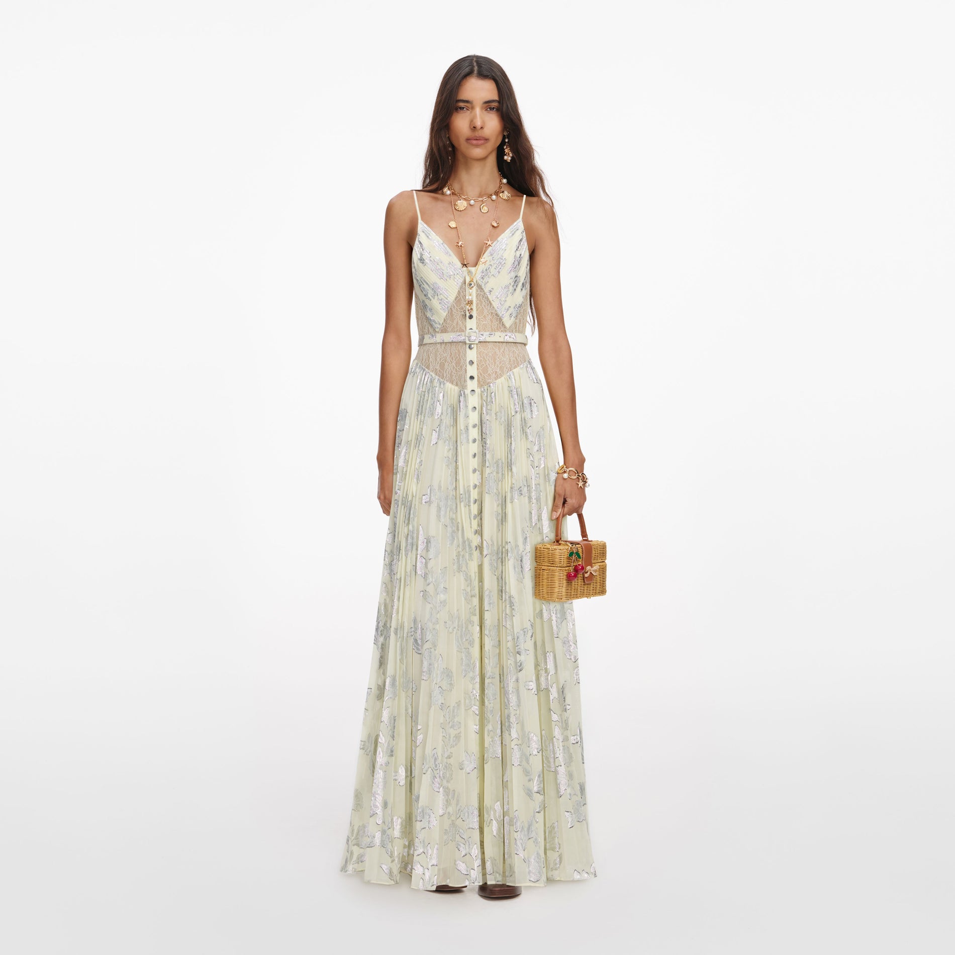 Front view of a woman wearing the Yellow Metallic Chiffon Maxi Dress