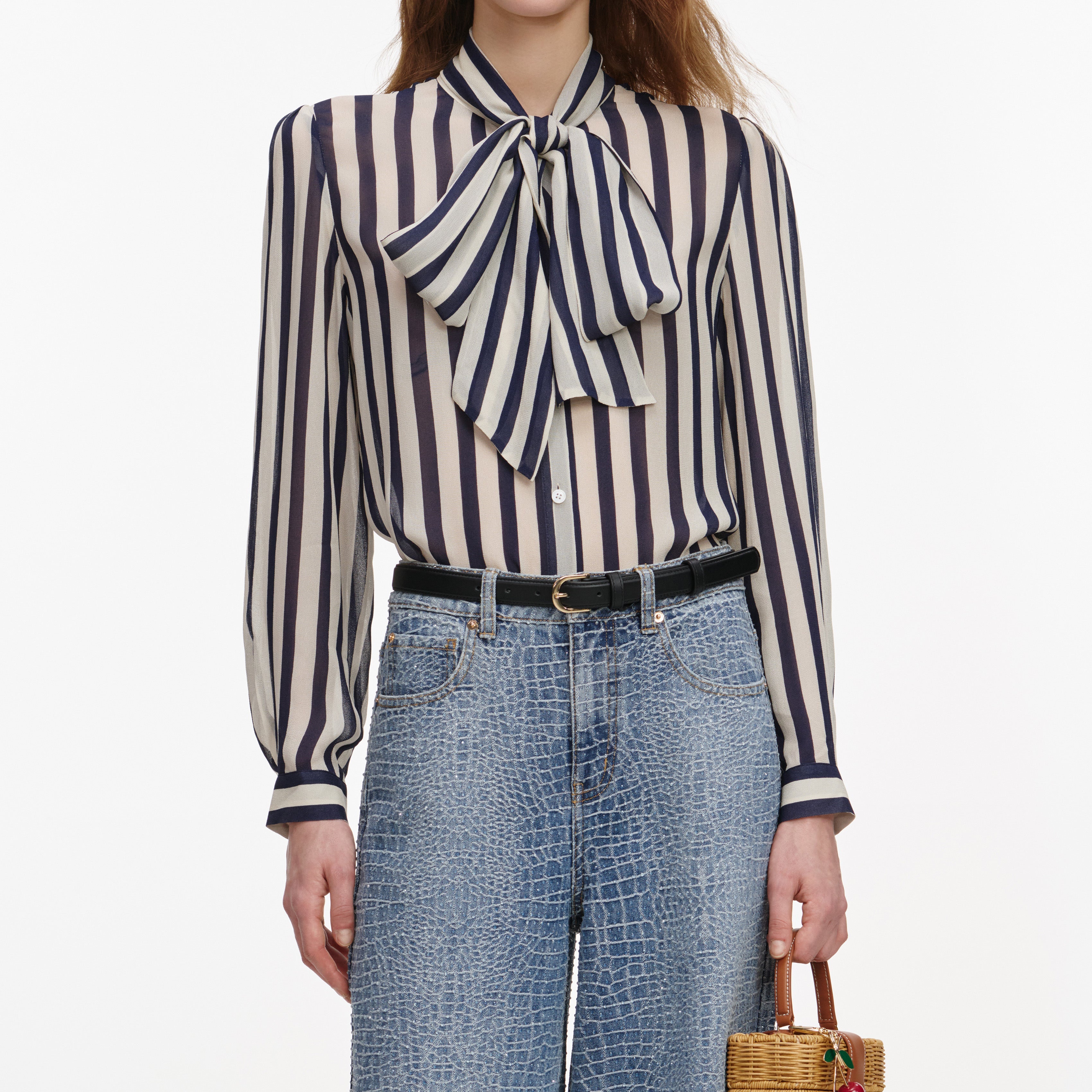 Navy Stripe Tie Neck Blouse